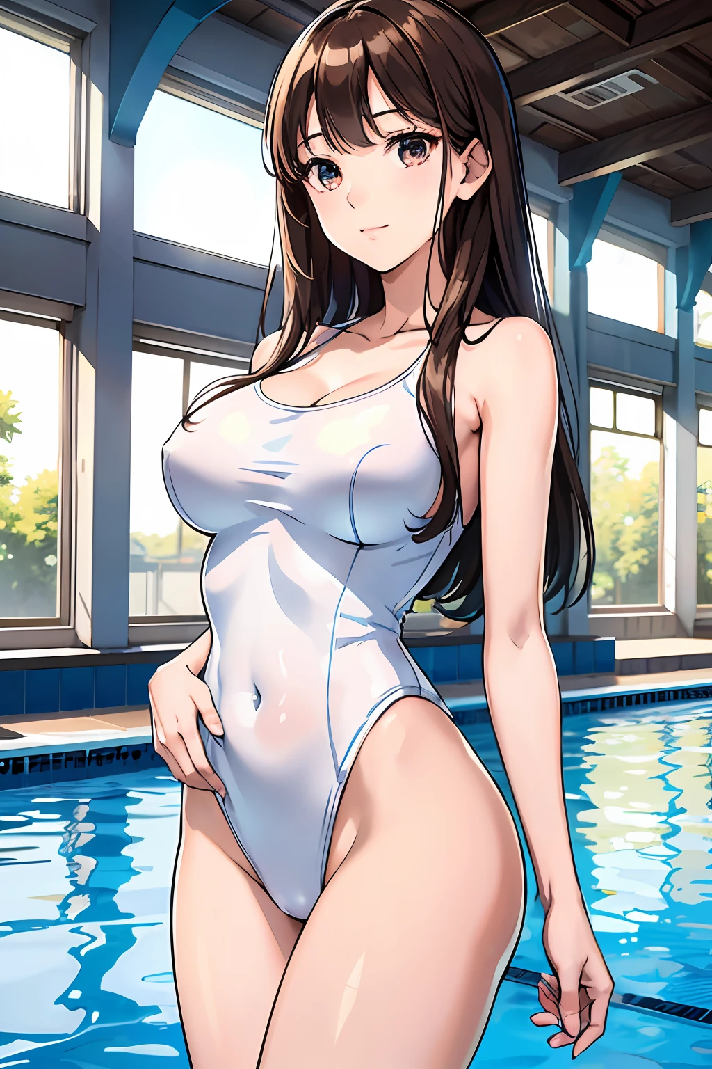 princess, school swimsuit, white and blue swimsuit, one-piece swimsuit, adult, 20 years, dark blond hair, beautiful long hair, brown eyes, beautiful eyes, mid-sized , light smile, masterpiece, (masterpiece, best quality:1.2), highres, extremely detailed CG unity 8k wallpaper, perfect lighting, Colourful, ultra-high res,4K,ultra-detailed, photography, 8K, HDR, highres, indoor pool background, school,