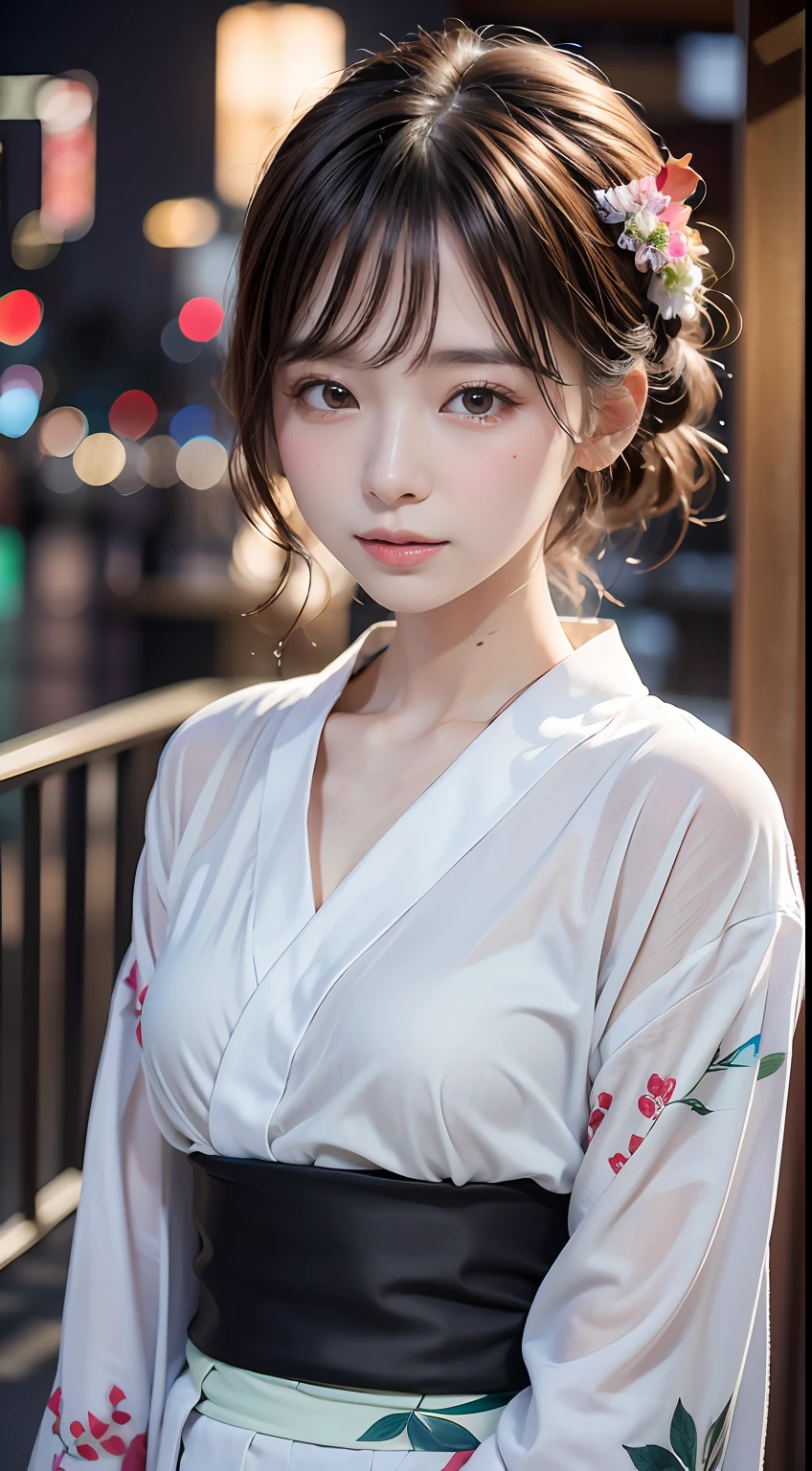 (masutepiece, Best Quality:1.4), Beautiful face, 8K, 85 mm, absurderes, (floral pattern yukata:1.4), close up of face, violaceaess, gardeniass, Delicate girl, Solo, Night, Looking at Viewer, Upper body, Film grain, chromatic abberation, Sharp Focus, face lights, Professional Lighting, Sophisticated, (Smile:0.4), (Simple background, Bokeh background:1.2), Detail Face,Background of the fireworks display
