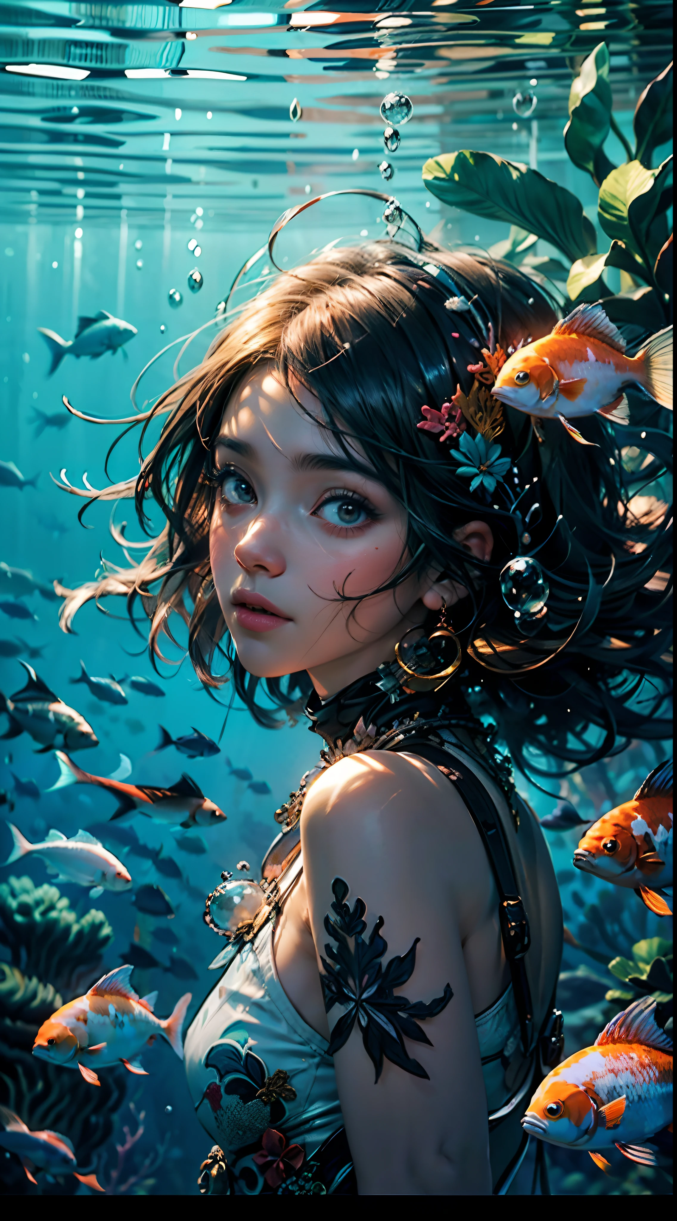 Estilo Modelshoot, (extremamente detalhado CG unidade 8k papel de parede), A chaotic storm of intricate liquid smoke in the head, Retrato abstrato estilizado da menina bonita, pele molhada,Koi,Koi bonito | | | | | | |,Bandas Koi,CARPA,Corais de formas estranhas,Ocean floor,Recife de coral bonito no fundo,rochas,vida marinha,recife de coral colorido,Decore com recifes de corais,autor:Petros Afshar, Tran Ross, Tom Baleia, Pedro Mohrbacher, germe da arte, vidro quebrado, ((bubbly underwater scenery)) The octane rendering of radiant light is highly detailed, inspirado em Yanjun Cheng, bela arte digital, Arte em estilo Guviz, arte digital altamente detalhada em 8k, Beautiful digital illustration, arte digital detalhada bonito, stunning digital illustration, a beautiful artwork illustration, exquisite digital illustration,Arte digital detalhada em 8k,