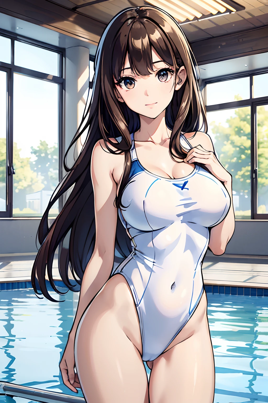 princess, school swimsuit, white and blue swimsuit, one-piece swimsuit, adult, 20 years, dark blond hair, beautiful long hair, brown eyes, beautiful eyes, mid-sized breast, light smile, masterpiece, (masterpiece, best quality:1.2), highres, extremely detailed CG unity 8k wallpaper, perfect lighting, Colourful, ultra-high res,4K,ultra-detailed, photography, 8K, HDR, highres, indoor pool background, school,