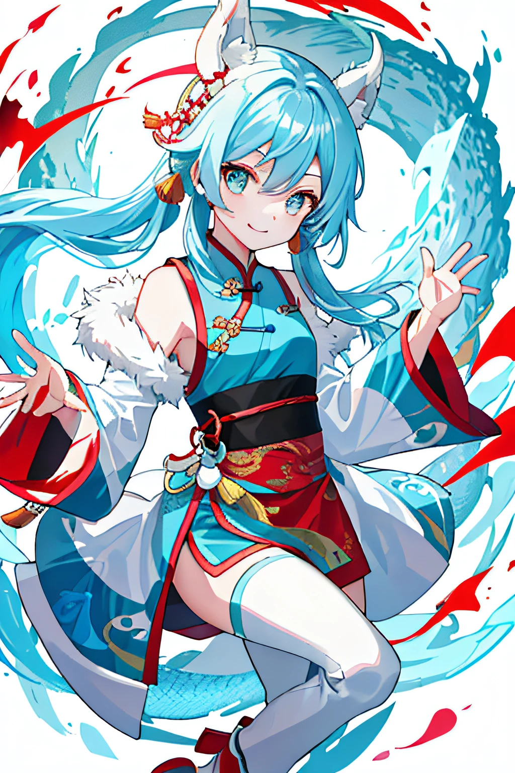 chinesedragon，teens girl，China-style，Light blue long straight hair，