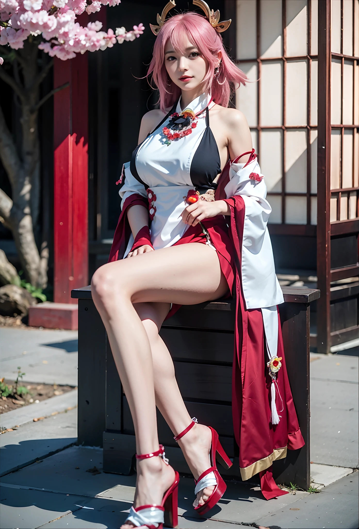araffe dressed in a costume sitting on a bench with a cherry tree in the background, anime girl cosplay, sakura kinomoto, ayaka cosplay, elegant glamourous cosplay, anime goddess, anime cosplay, haruno sakura, full body xianxia, japanese goddess, cosplay photo, glamourous cosplay, fox nobushi, sakimi chan