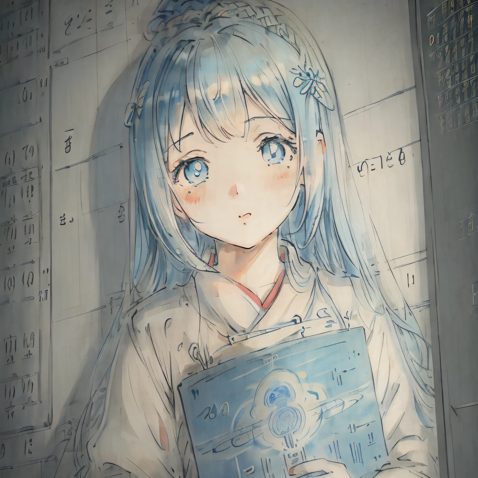 impasto,((((1girl)))),Metaverse,original,((an extremely delicate and beautiful)),(cyan theme),((intricate detail)),((((ultra-detailed))),((illustration)),(((masterpiece))),((extremely detailed CG unity 8k wallpaper)),highlight,sharpening,detailed face,((Perfect details)),(binary numbers),Science fiction,sense of digital,cold light,((data in the eyes)),((data adorns hair)),0 and 1 code,digitization,Running data,system screen,mathematical equation,young girl,(solo),(yubao)