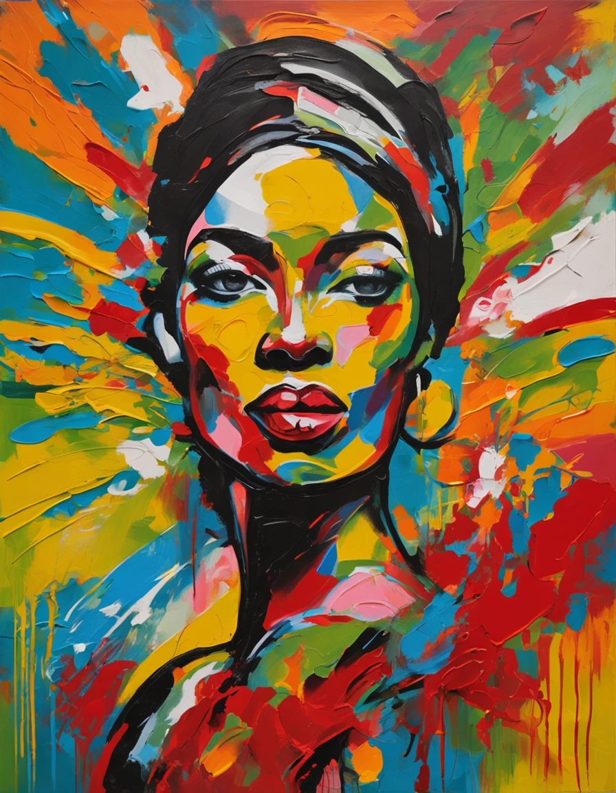 Imagem centralizada. Pintura Facial Feminina Oriental, em um fundo preto, Face abstrata, Retrato abstrato, Rosto estilizado, Pintura pop art, Rosto detalhado altamente expressivo, Rosto feminino expressivo, estilo piCasso, Uma pintura pop art, Pintura expressiva bonita, Rosto detalhado de uma mulher , Ornamento floral no cabelo, japanese, Detailed expression, estilo piCasso