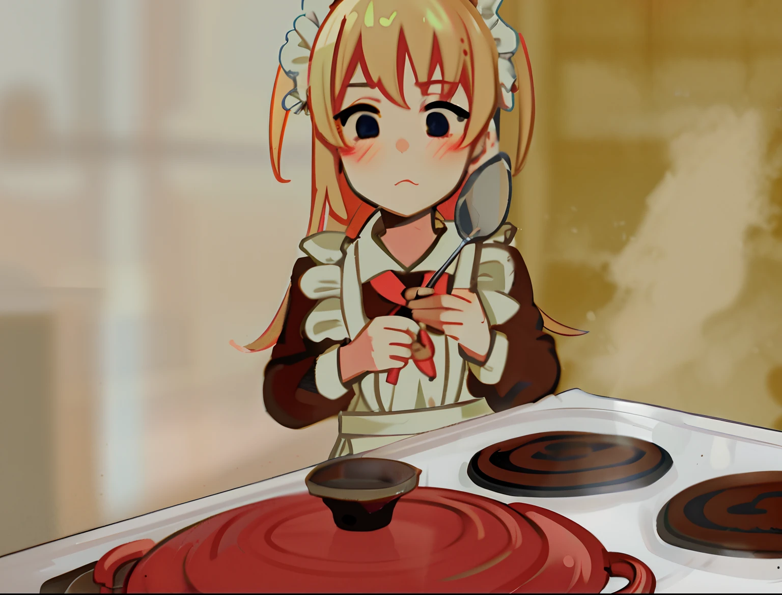 Anime girl with spoon in her hand, Loli, Cooking, small curvaceous loli, small loli girl,anime girl in a maid costume, drawn in anime painter studio, Water splashing art anime Lolita