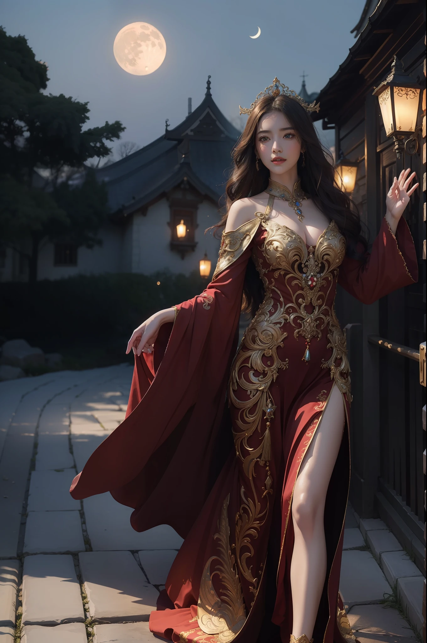 ((top-quality、​masterpiece、photographrealistic:1.4、in 8K))、1 beautiful detailed girl、extremely detailed eye and face、beatiful detailed eyes、（Princess of the Makai in a luxury red dress in medieval European style）、Head dress、Luxury accessories、Elegant smile、（Walking outside at night、Spooky Dracula Castle in the background）、Beautiful lighting、Textured skin、Super Detail、high detailing、High quality、hight resolution、（looking at the viewers）、stele、a moon、The tree々、mont、Bronze statue