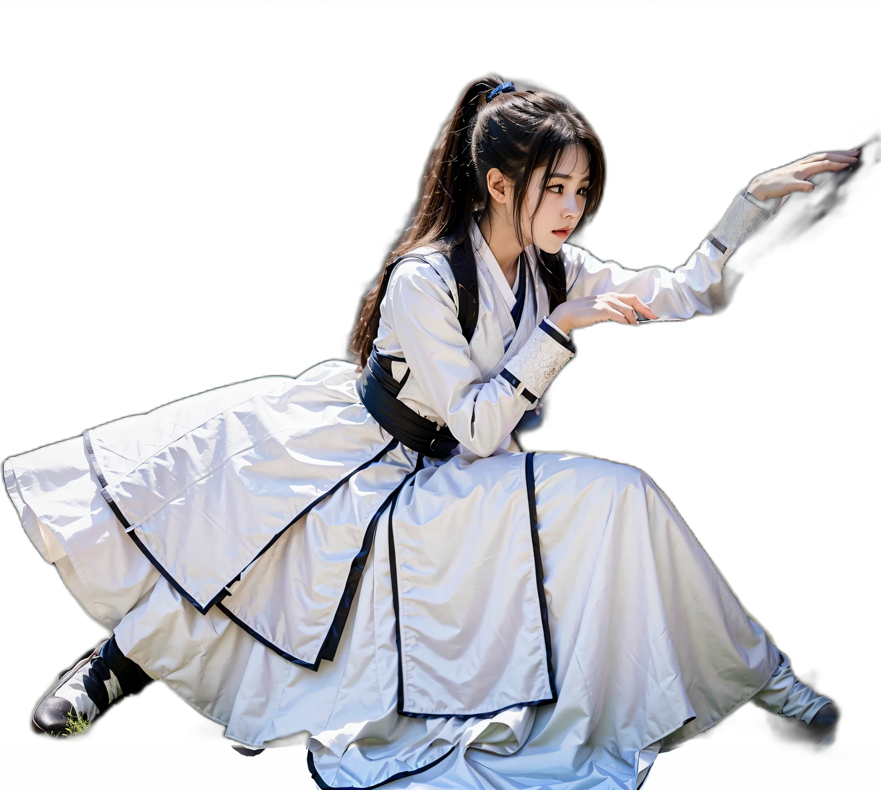 An Arad woman in a white dress holds a black object, White Hanfu, full-body wuxia, Hanfu, full-body xianxia, with acient chinese clothes, nanquan, Palace ， A girl in Hanfu, High quality clothing, Wuxia, traditional tai costume, inspired by Gu An, inspired by Cui Bai, Anime cosplay