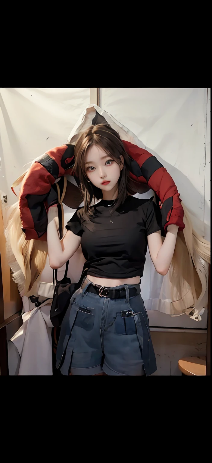 Top image quality、RAW photography、超A high resolution、Cute girl at 18 years old、Limited to one person、Round chest、T-shirt、Black  shorts、Beautiful Eyes of Details、Very slender eyes、Beautiful eyelashes、beautiful double eyelid、White walls、Beautiful waist、Very slender legs、Light brown shorthair、Very slim physique
