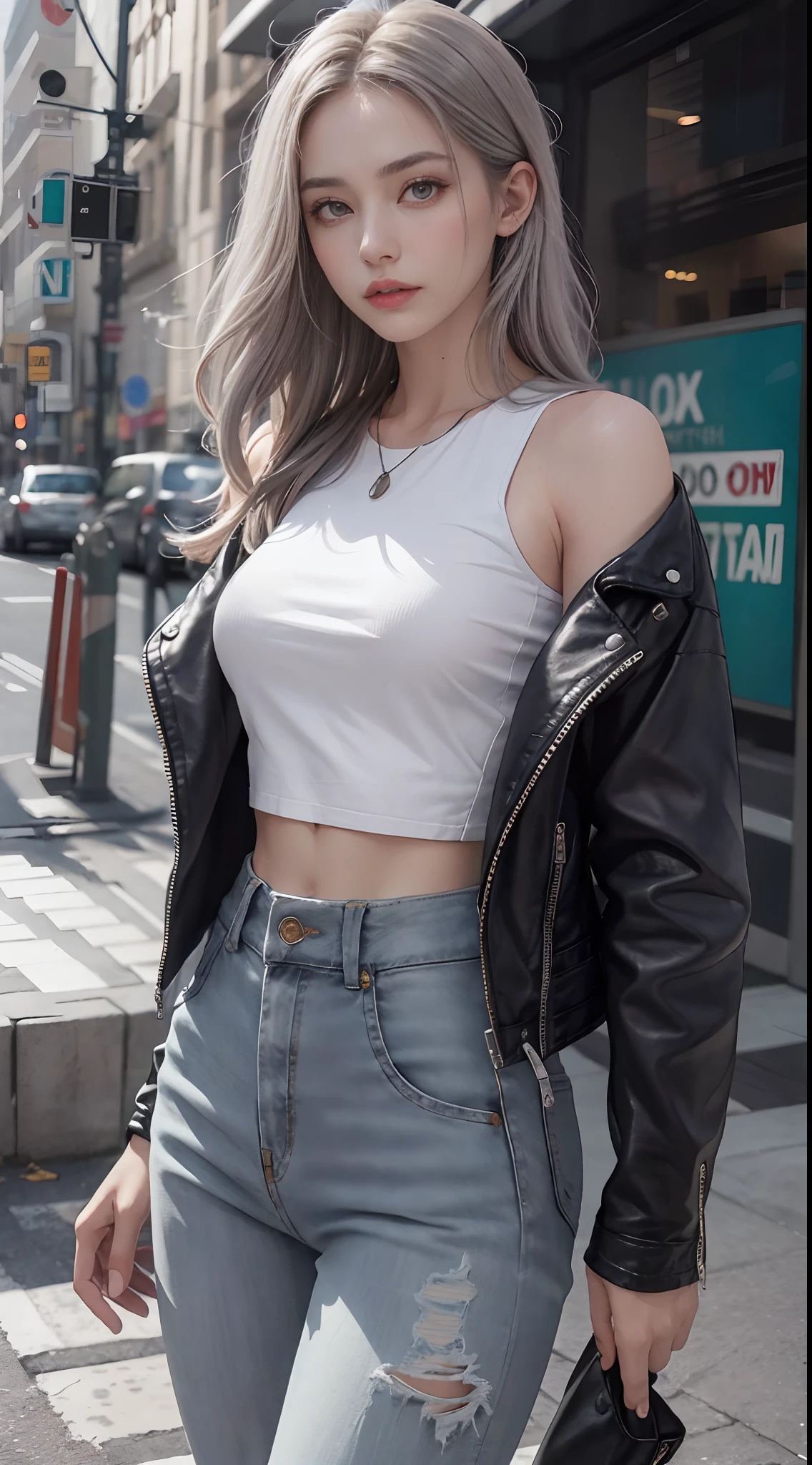 Cool and handsome beauty ,Cool boots,Gray hair,cropped shoulders, Black CE leather jacket,denim pant,highly detailedskin,Realistic details of skin,Visible pores,Clear focus,volume fog,8K UHD,digital SLR camera,high qulity,filmgrain,White skin of the,photo-realism,