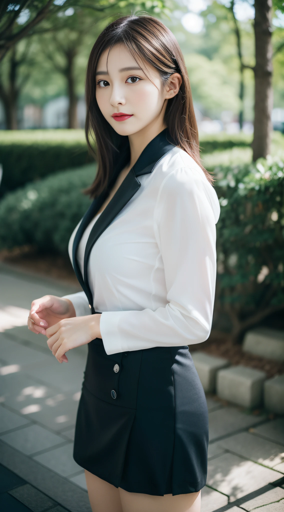 1girl,yangmi,RAW photo, ((bokeh)) , masterpiece,  (photorealistic:1.4, realistic), highly detailed CG unified 8K wallpapers,  ((thick body:1)), (medium breasts:1.2), looking at viewer, ((straight from front)), (HQ skin:1.2), 8k uhd, dslr, soft lighting, high quality, film grain, Fujifilm XT3, closed up, 
business suit,
(outdoors,  park),