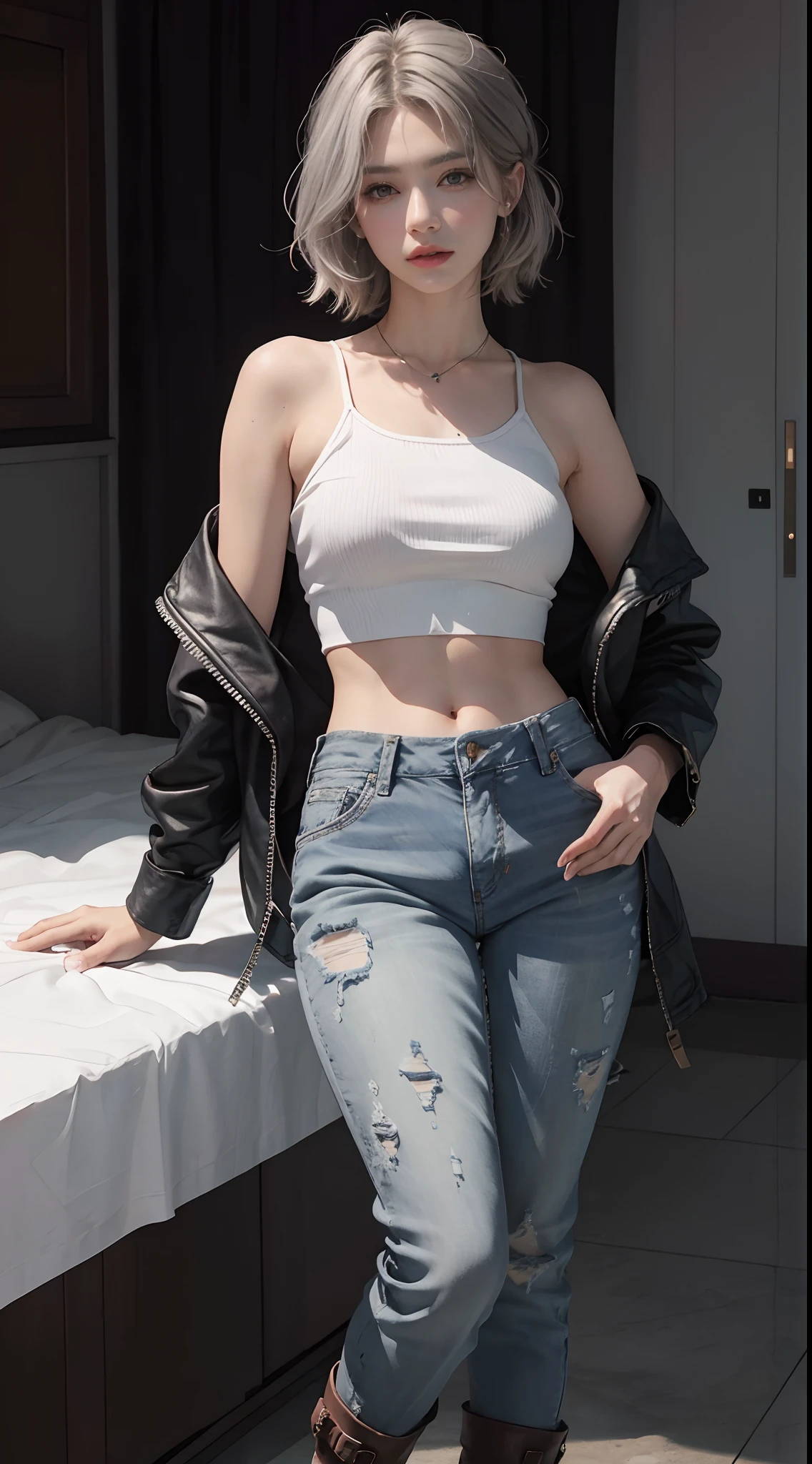 Cool and handsome beauty ,Cool boots,Gray hair,cropped shoulders, Black CE leather jacket,denim pant,highly detailedskin,Realistic details of skin,Visible pores,Clear focus,volume fog,8K UHD,digital SLR camera,high qulity,filmgrain,White skin of the,photo-realism,