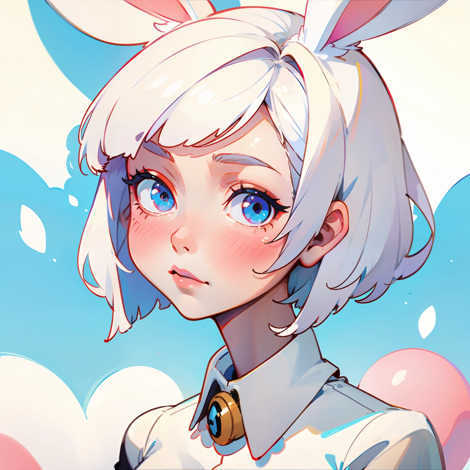 A girl with short white hair，White-colored skin，with bunny ears，is shy，head portrait