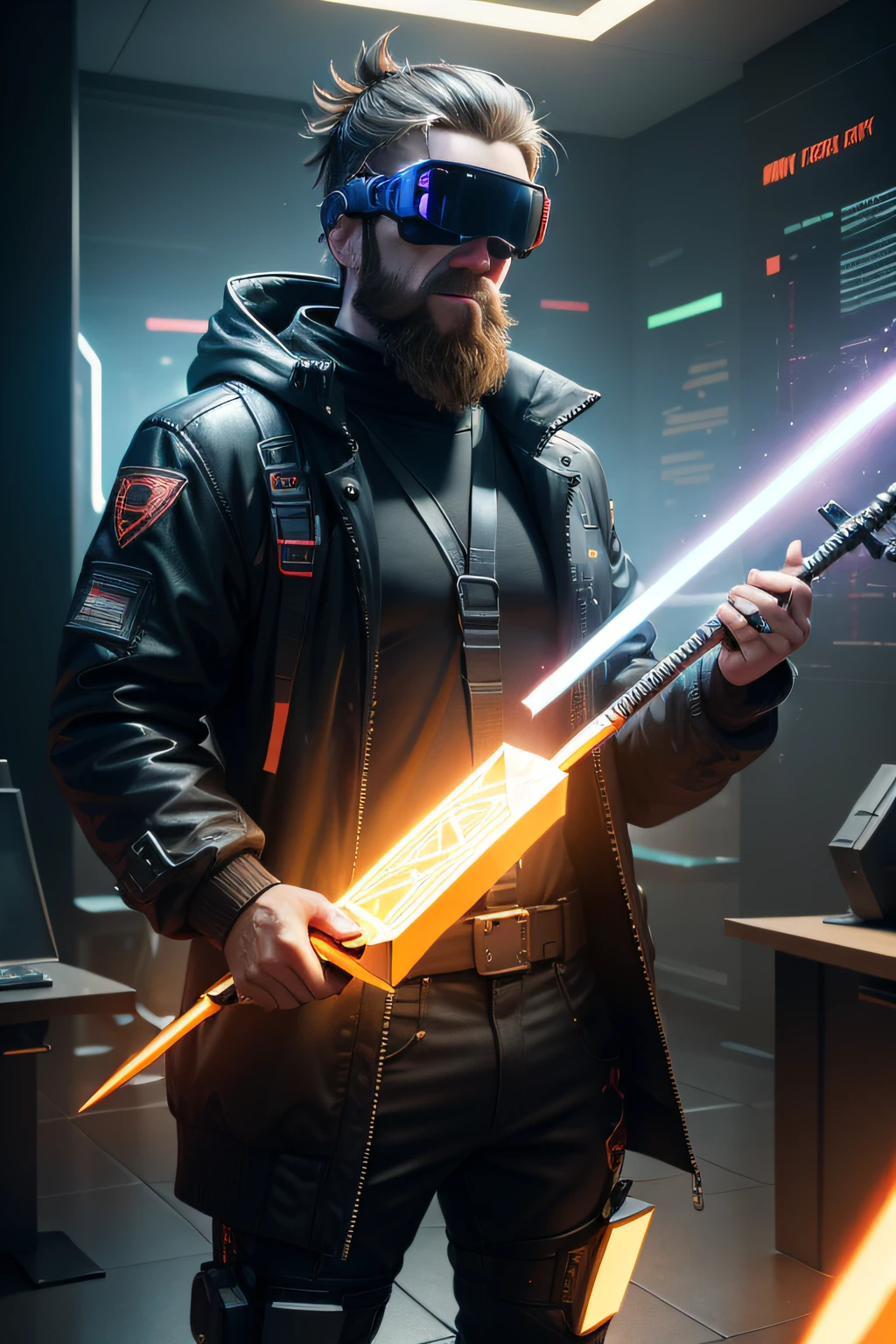 Hyperrealistic, illusory engine, 。.3D, Cyberpunk man wearing high-tech VR goggles, Cybernetic beard. Holding a sci-fi gold mine pickaxe,  In the holographic hyperspace metaverse 50mm ,Ray tracing,