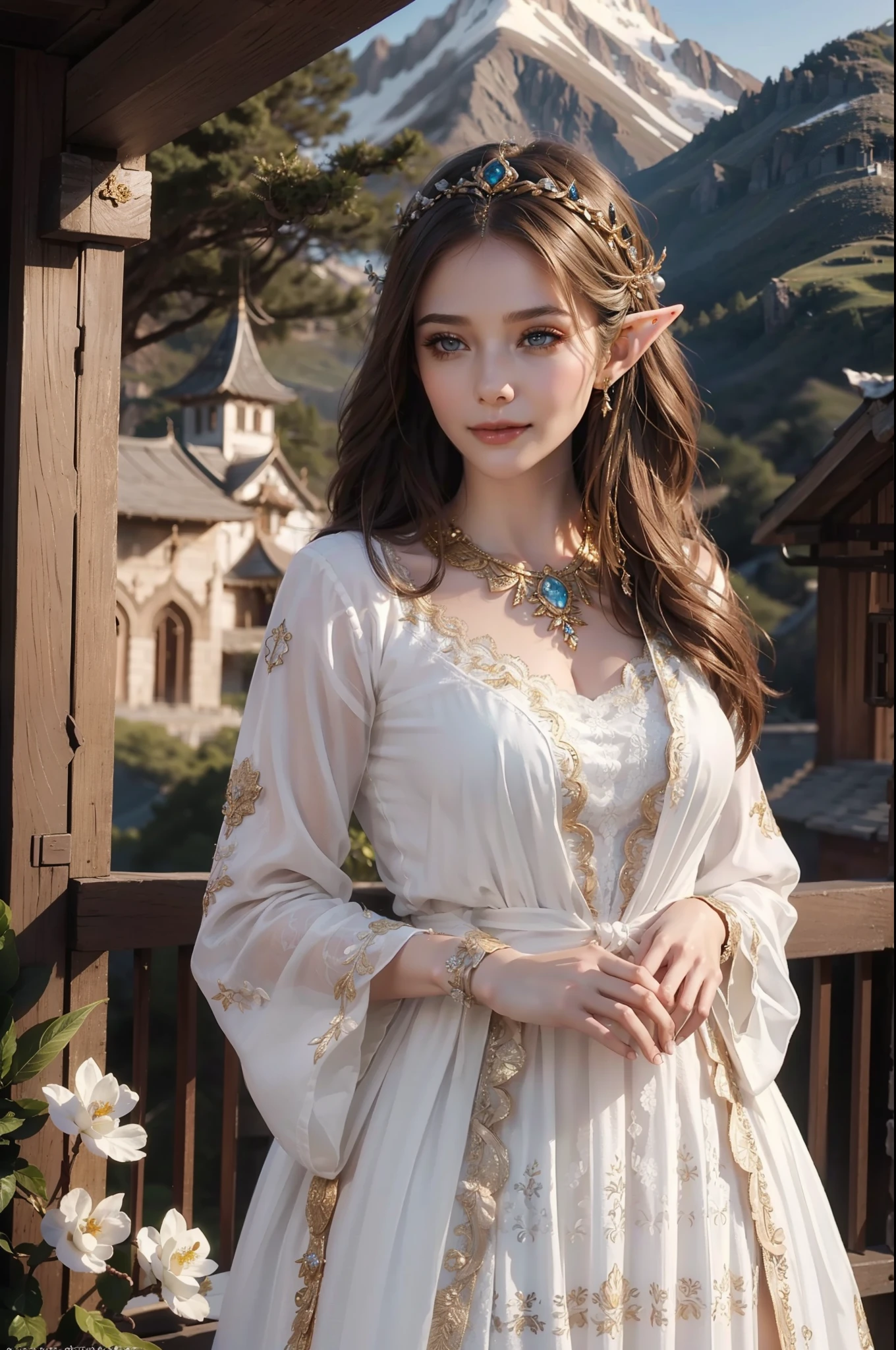 ((top-quality、​masterpiece、photographrealistic:1.4、8K))、Beautuful Women、Beautiful expression、extremely detailed eye and face、beatiful detailed eyes、（Mysterious and natural dress、Dress with intricate beautiful embroidery with golden thread on white fabric）、（Fantastic mountain behind a beautiful elf々and castles。Hair sways gracefully）、Cinematic lighting、Textured skin、Super Detail、high detailing、High quality、hight resolution、Looking at Viewer、Elegant smile、Full body、Elf Wide Angle, Complex and beautiful elven city and castle in the mountains