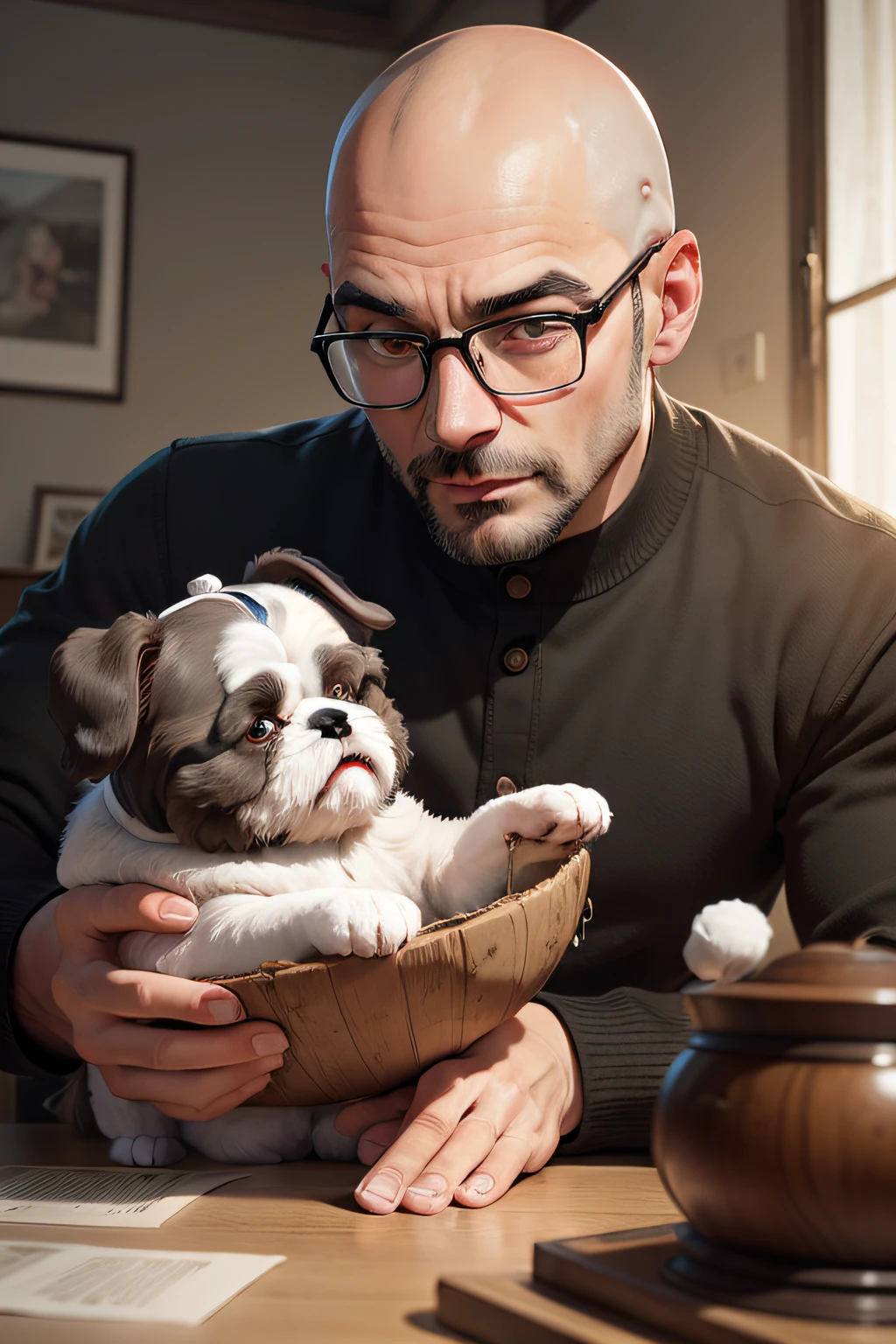 Bald, bespectacled man playing with a shi-tzu