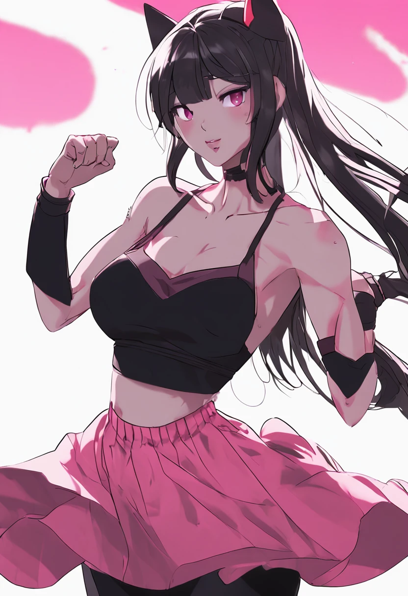 gothgirl, long black hair, black crop top and pink skirt with black cpttpn leggings, happy, dancing, Full body Beautiful anime style girl, clean detailed faces, intracate clothing, analogous colors, glowing shadows, beautiful gradient, depth of field, clean image, high quality, high detail, high definition, Luminous Studio graphics engine, cute face, big breast, slim waist, nice hips,