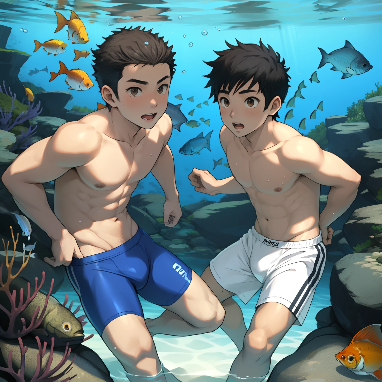 Two boys swimming，Raised sexy，shimizu，Small fish、Boys Love