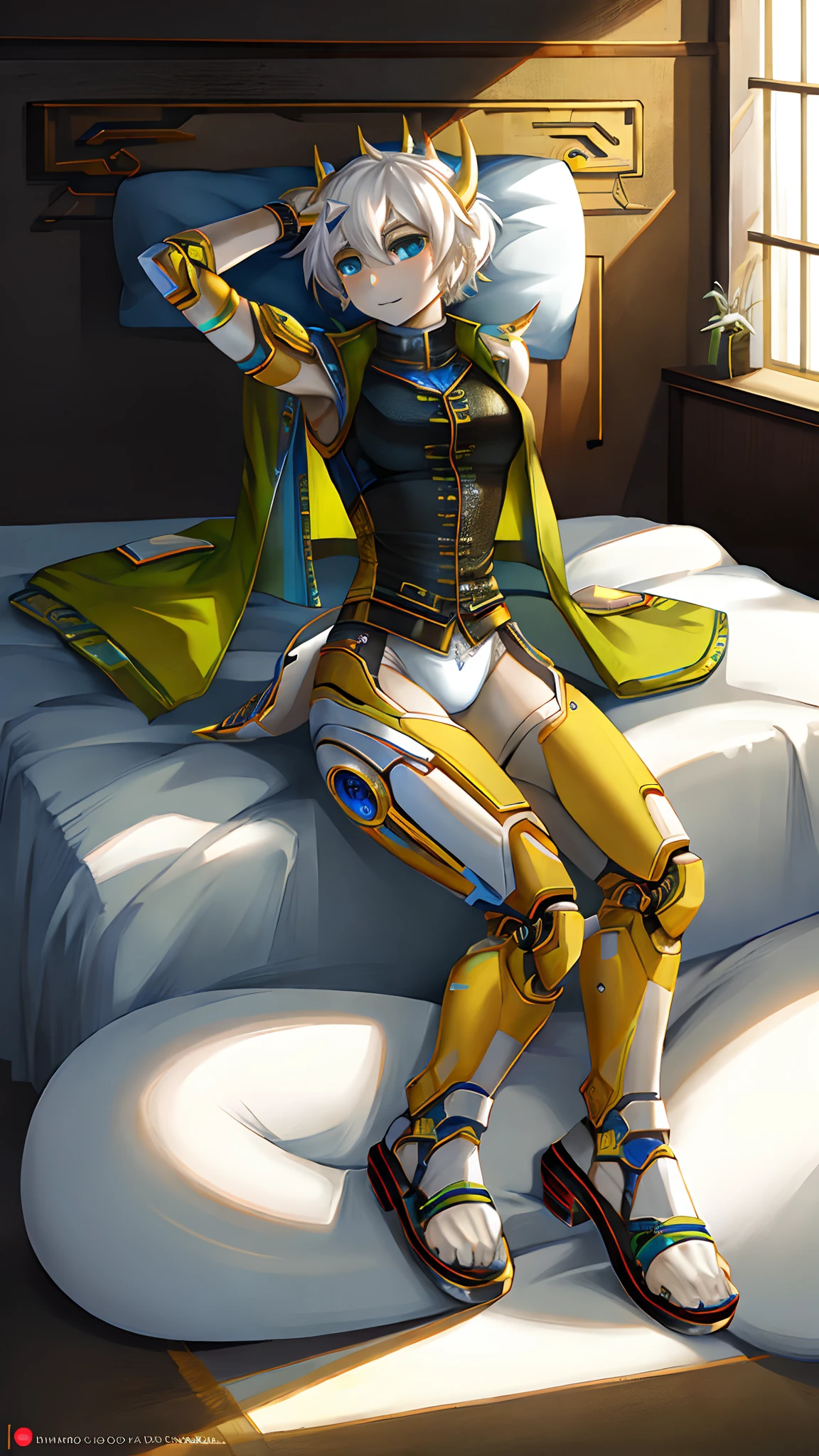 Bionic robot Dragon,Golden Dragon,female,Gilet blanc,white panties,sandals,Lie down in bed。HD graphics,Detailed and realistic,high detal,high qulity