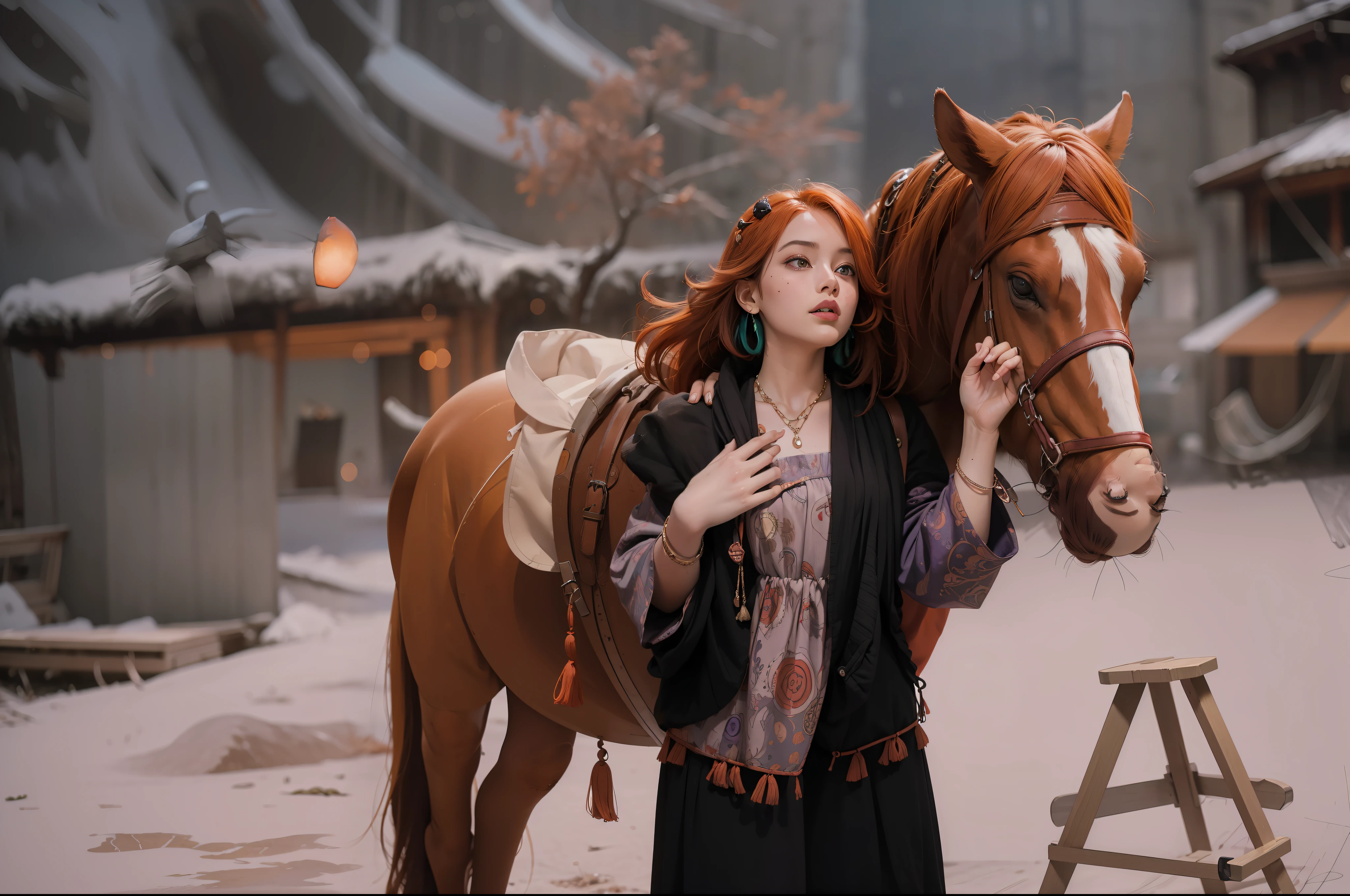 concept art, overhead angle of a Will-o'-the-wisp, wearing Funny Somali Emerald deep orange Pinafore, Caramel hair styled as Short hair, fluorescent purple Hair tie, equirectangular 360, Highres,  [(art by Willi Baumeister:1.1), (art by John T. Biggers:1.2)::17], official art, unity 8k wallpaper, ultra detailed, aesthetic, masterpiece, best quality, photorealistic