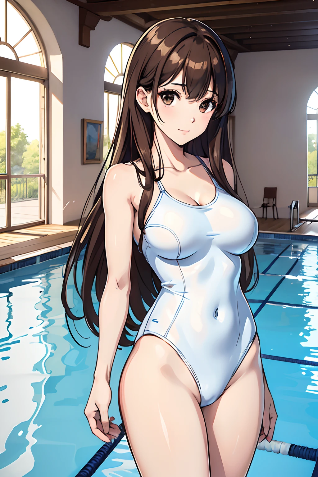 princess, school swimsuit, white and blue swimsuit, one-piece swimsuit, adult, 20 years, brown hair, dark blond hair, beautiful long hair, brown eyes, beautiful eyes, mid-sized breast, light smile, masterpiece, (masterpiece, best quality:1.2), highres, extremely detailed CG unity 8k wallpaper, perfect lighting, Colourful, ultra-high res,4K,ultra-detailed, photography, 8K, HDR, highres, indoor pool background, school,