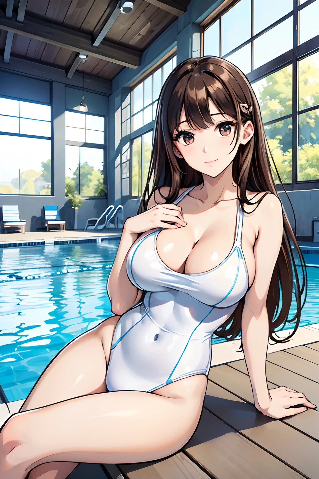 princess, school swimsuit, white and blue swimsuit, one-piece swimsuit, adult, 20 years, brown hair, dark blond hair, beautiful long hair, brown eyes, beautiful eyes, mid-sized breast, light smile, masterpiece, (masterpiece, best quality:1.2), highres, extremely detailed CG unity 8k wallpaper, perfect lighting, Colourful, ultra-high res,4K,ultra-detailed, photography, 8K, HDR, highres, indoor pool background, school,