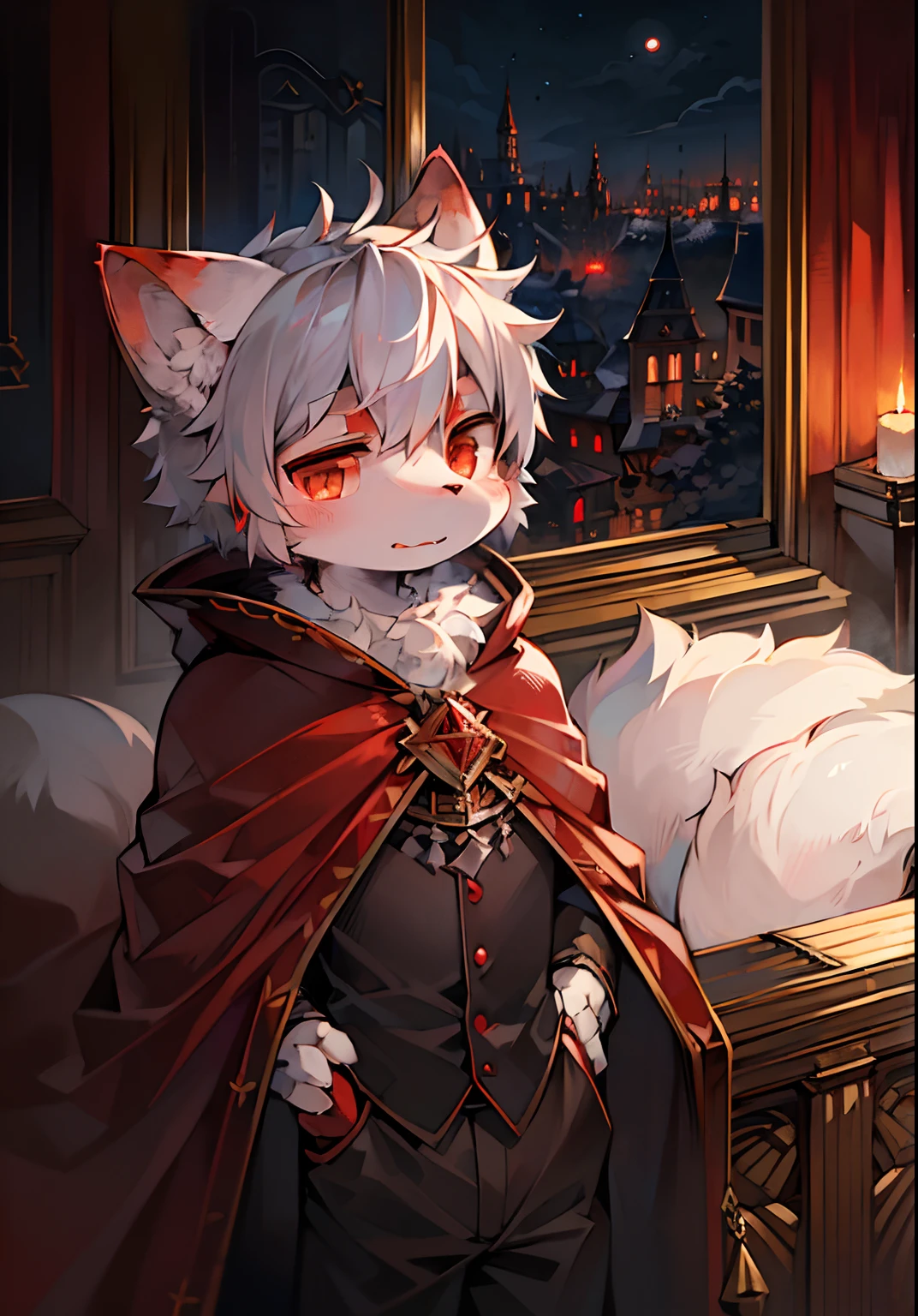 (Dark Environment: 0.8), R18, Masterpiece, High Quality, Abstract Res, Digital Painting\ (Artwork), by Dagasi, Yupa, Kiyosan, (Anthro, Fluffy Für, Character Focus: 1.1), Anthro Male Cat, Short Hair, portrait ,,, bright eyes, panorama, character focus. (Background: 0.7), Solo, Furry, Furry Male, Male Focus, Anthr, (Full Body Fur, Fluffy Tail, White Fur, Red Eyes, Gray Hair: 1.2), (Canids, Vampires, Cloak: 1.2), (Interior, Night, Castle, Coffin: 1.1)