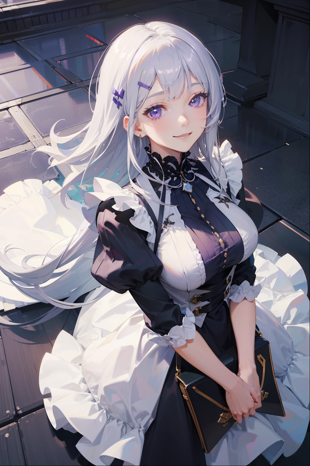 (masterpiece, best quality:1.2), (high resolution, 8K RAW photo, photo realistics, clear focus, weak outline:1.3), (cinematic lighting, moody image atmosphere, textile shading), pov, solo, (milf:1.5), ((nfsw:1.5, big tits, breast cleavage, harass sexually, in heat, presenting)), ((beautiful eyes with highlight:1.3)), (looking at viewers), raised sexy, (embrassed), (silver hair), long hair, asymmetric hair, half updo hair, ((twintails hairstyle)) , ((violet eyes)), bokeh , tight focus, (correct anatomy:1.6, ideal ratio of body proportions), ((maid dress)), ((house)), ((white tights)), ((white panties)),((lovely smile)),