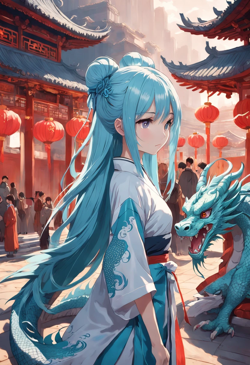 chinesedragon,teens girl,China-style,Light blue long straight hair。