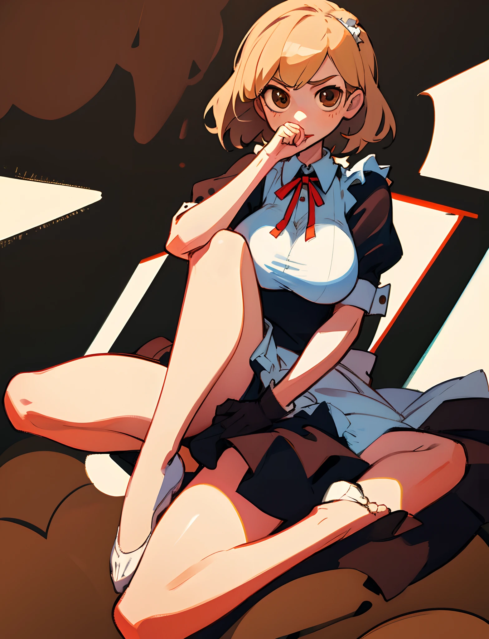masterpiece, best quality, maid, loli, blonde hair, huge breasts, brown hair, breasts, bare legs, spread legs, leg hold, hand_to_mouth,