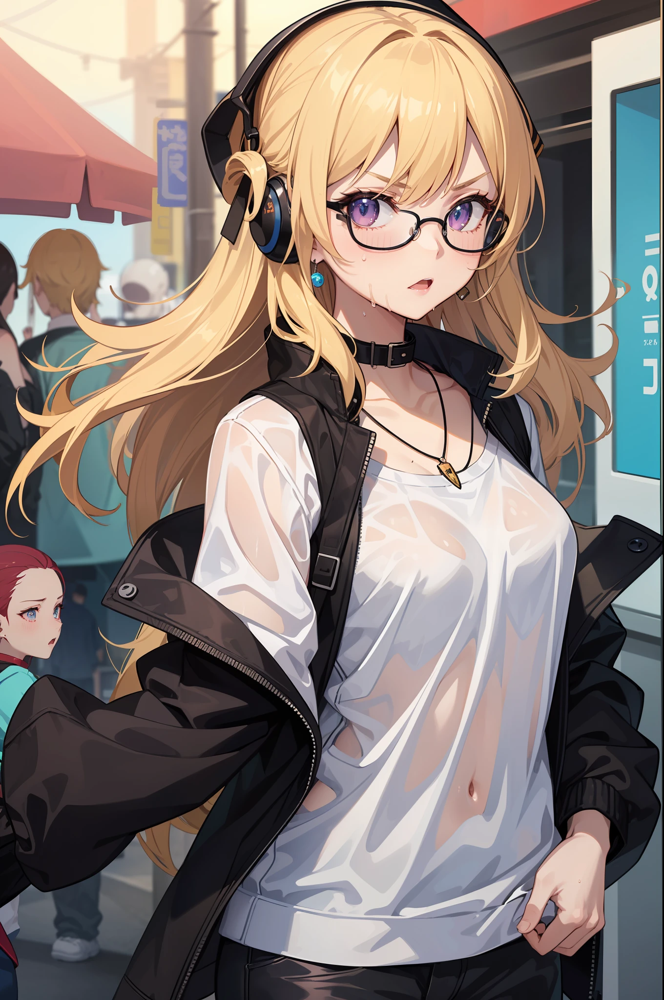 female gamer, ((wet thin white shirt, fashion wind breaker, hot pants, glasses, earring, necklace, blet, face mask, earphone, cute collar)), (idol charming aura, blur effect, bubble effect, black glowing pupil, arcade style make up, petite, blushing face, angry face, blonde color hair), (masterpieces, extreme body detail, high resolution, original character, best anime 16k wallpaper quality), bar dark background.