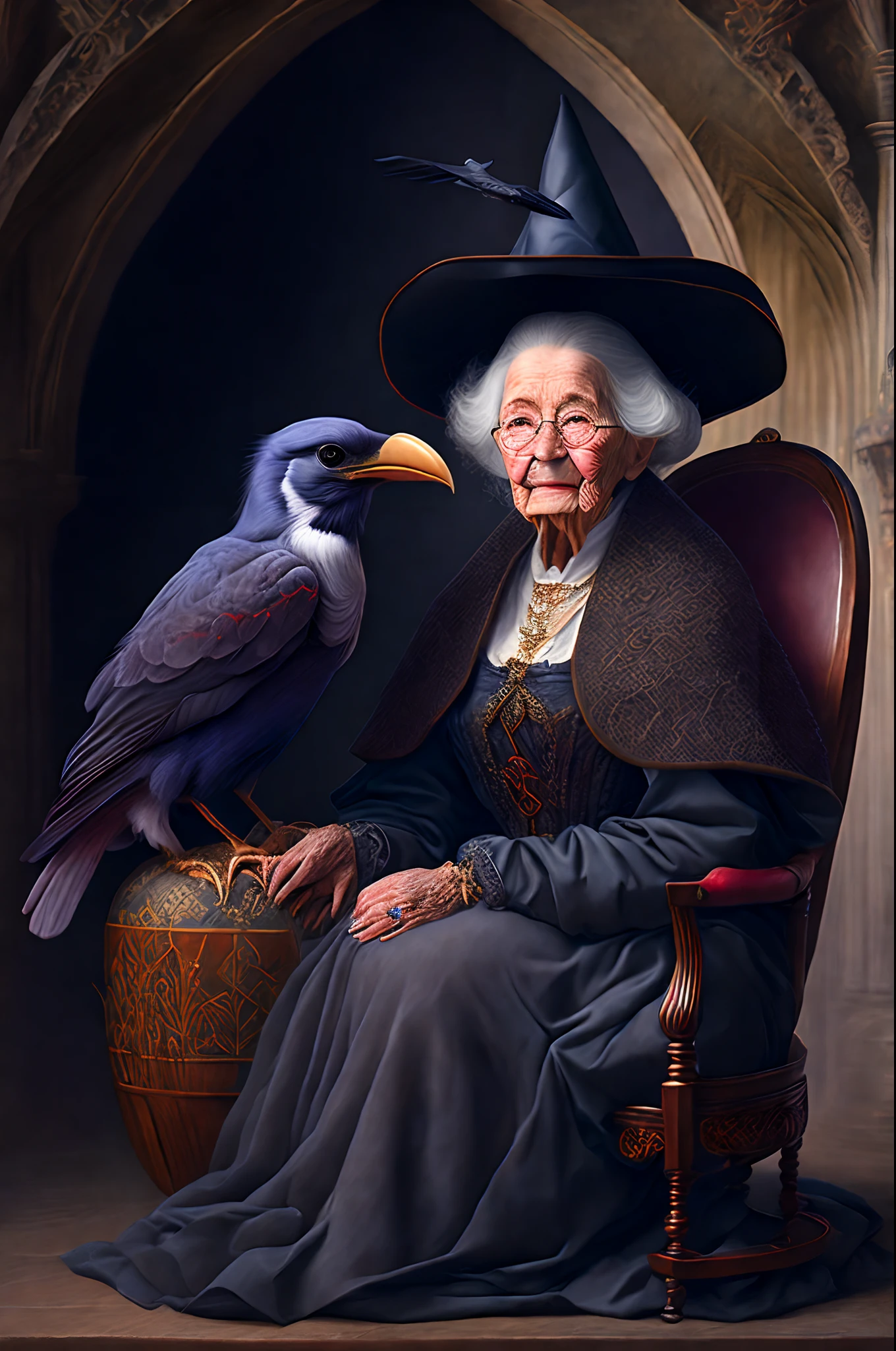 A 100-year-old witch sits on a Kadilau chair in the background,She was holding a Soniste crow ,gloomy castle,solid color backdrop,clean backdrop,depth of fields,high light,Real light,Ray traching,OC renderer,UE5 renderer,Hyper-realistic,best qualtiy,8K,Works of masters,super-fine,Detailed pubic hair,Correct anatomy,