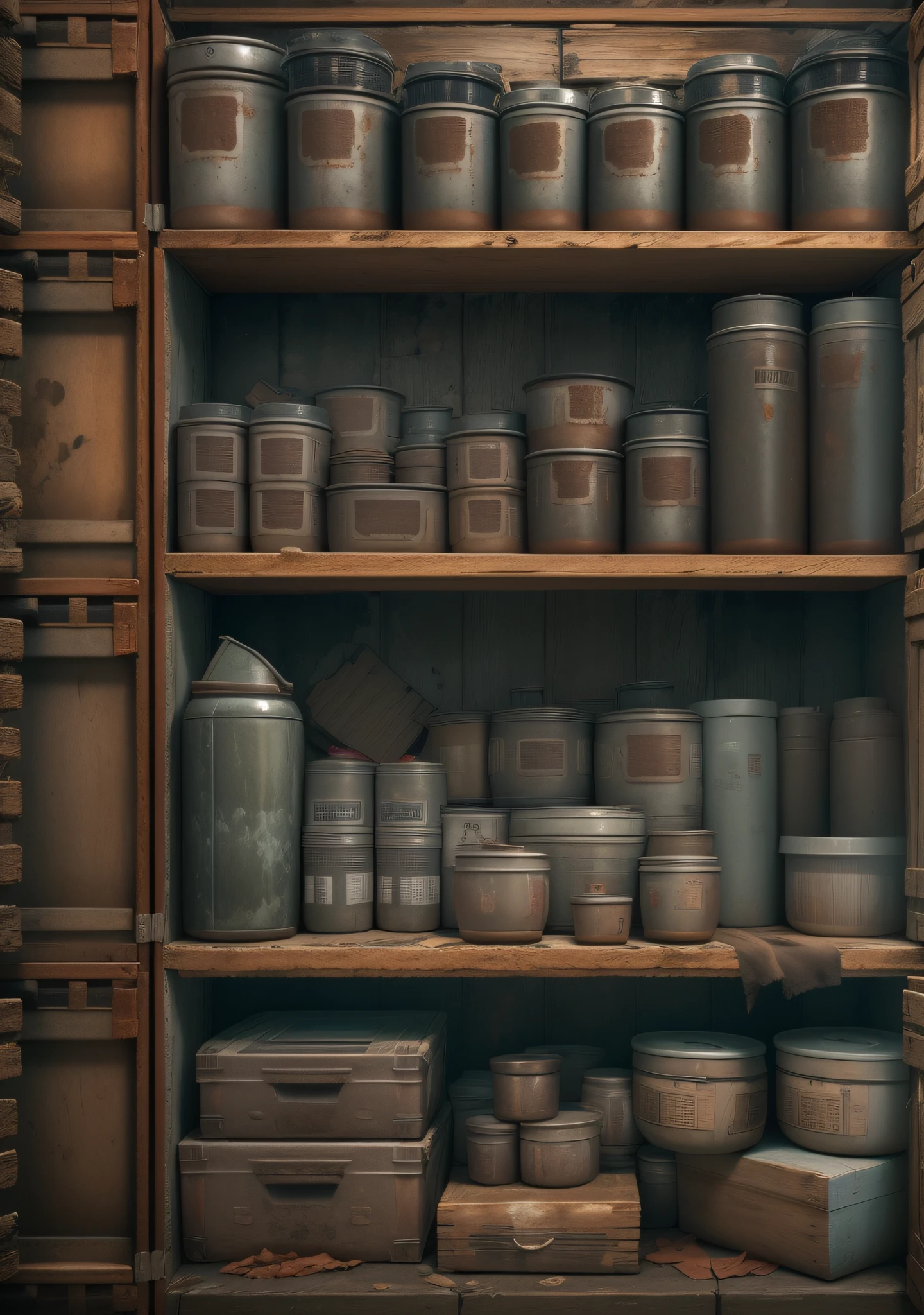 Safe house storage shelves，Three layers of storage shelves，A single three-tier storage shelf on the front，Nothing was on the storage shelf，Doomsday Safe House，Dim light，Ruined scene，Armageddon，Realistic background，ultraclear，Lots of detail