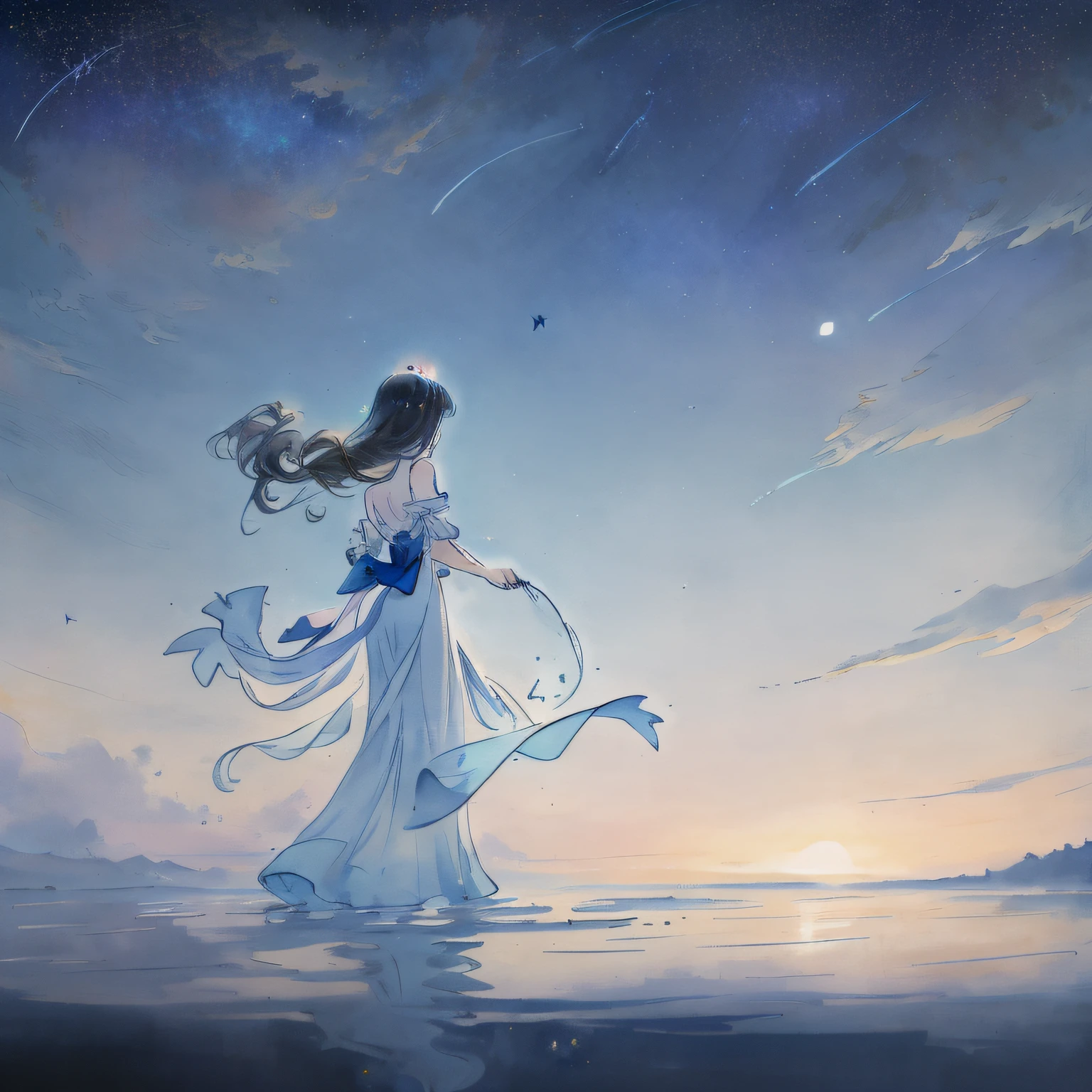 (masterpiece),(wallpaper), (best quality), (best illuminate, best shadow), (best illustration), dynamic angle,
(+++a girl+++) is walking in front of a delicate and beautiful moon-blue sky, solo, from side,
(Backlight), mid shot, (the beautiful and delicate girl:1.3), beautiful bare back, (detailed face:1.2), (long floating hair:1.2), (beautiful long dress:1.2), floating dress,
the girl (walking) on surface of the water, Beautiful and delicate violet light water surface, reflective water surface,
High saturation blue clouds and (stars sky) in the background, cold color