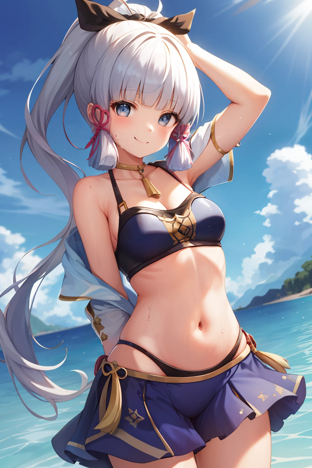 1girll,tmasterpiece,8k,quadratic element,4k,RTX,Shaders,Excellent texture work,Swimsuit without sleeves,ssmile,with hands behind her back,Leakage out of the navel,Leaking out of the shoulder,cheeks slightly red
