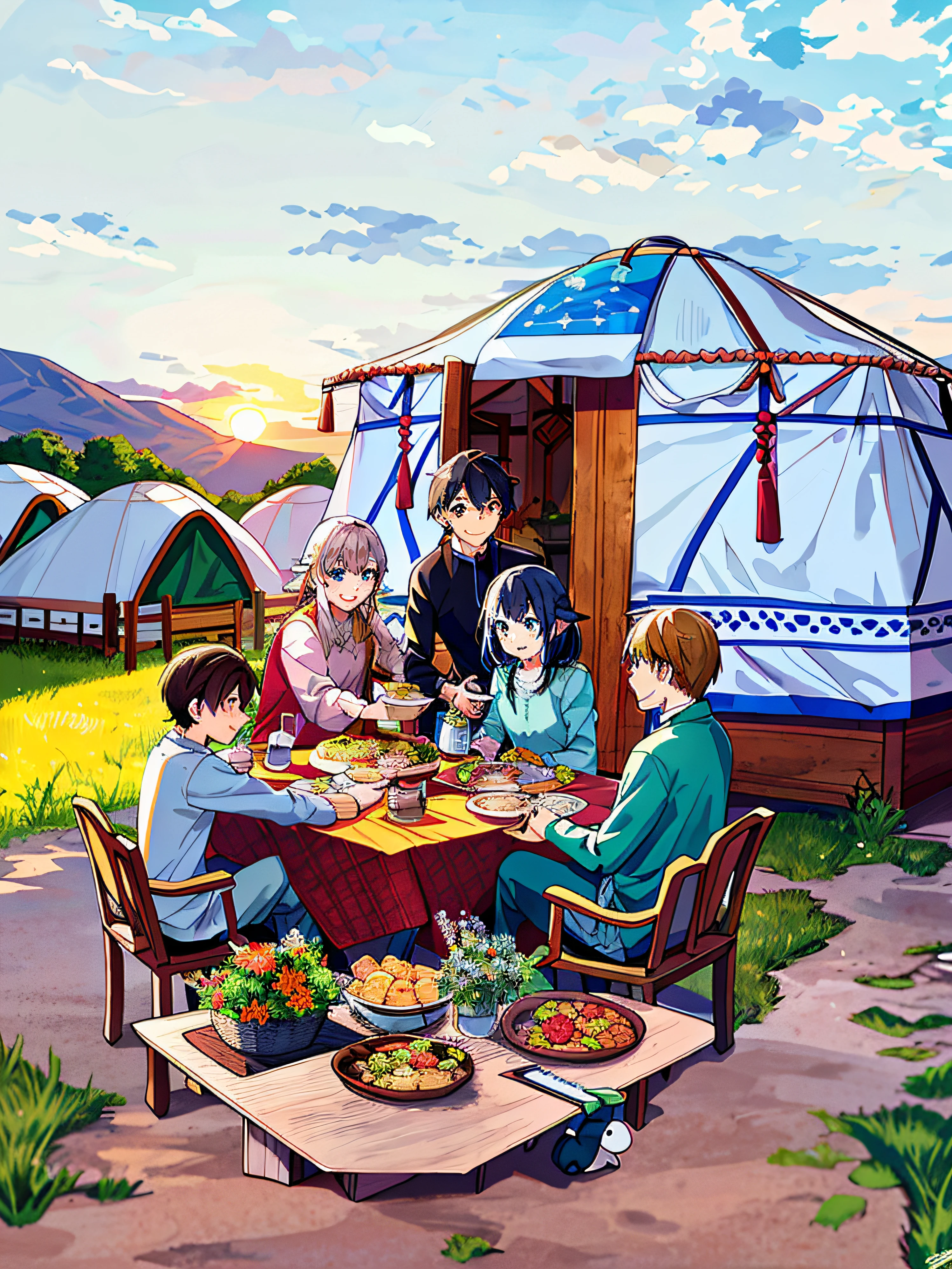 Around the table sat five people,delicacies,Al fresco dining,yurts,the setting sun, green grasslands, Five people happy and happy,light up with pleasure,Family dinner,Joy and joy,Cartoon illustration,Blue sky and white clouds in the distance,In the distance, cattle and sheep flock,Horses graze