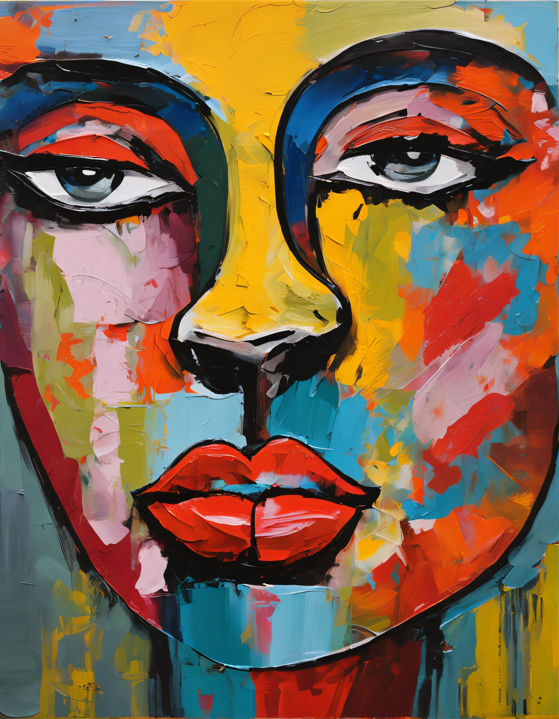 Imagem centralizada. Pintura Facial Feminina Oriental, em um fundo preto, Face abstrata, Retrato abstrato, Rosto estilizado, Pintura pop art, Rosto detalhado altamente expressivo, Rosto feminino expressivo, estilo piCasso, Uma pintura pop art, Pintura expressiva bonita, Rosto detalhado de uma mulher , Ornamento floral no cabelo, japanese, Detailed expression, estilo piCasso