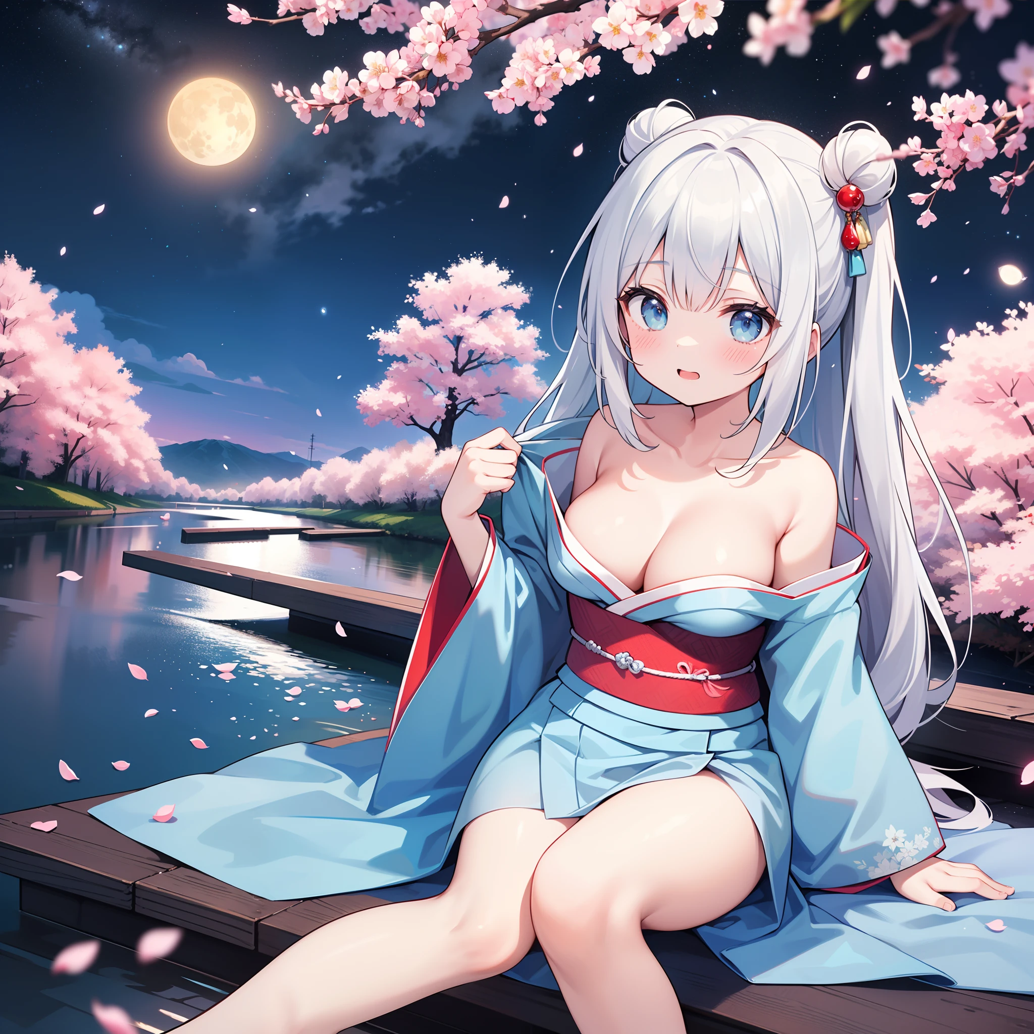 (masterpiece)、(top-quality)、(ultra-detailliert)、(独奏)、 beautiful girl、小柄、silber hair、Crims、White, golden, silver, light blue and red kimono、Shoulders exposed、Cleavage emphasis、Thigh exposure、Landscape with cherry blossoms、Moon Night、Composition looking up from your feet