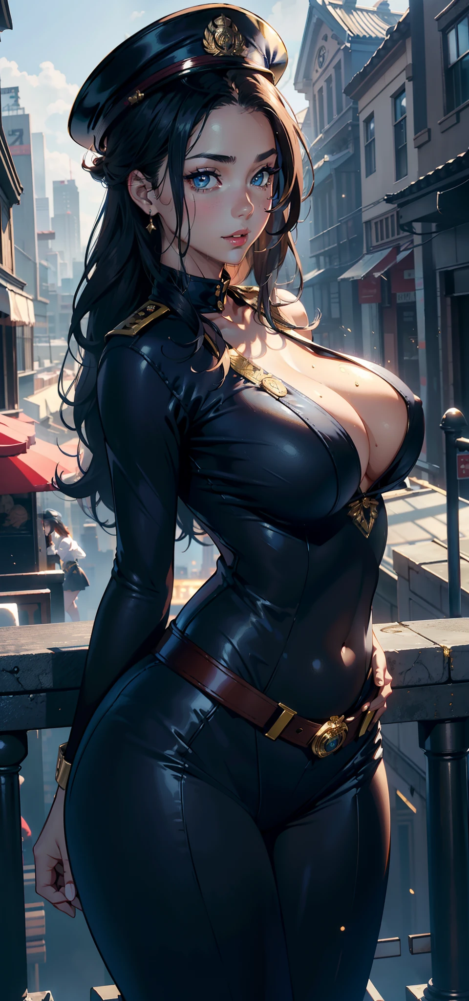 1female,36 years old,熟妇,mature,Bigchest,Big breasts Thin waist,slenderlegs,long leges,Busty and sexy,Pornographic exposure, 独奏,(Background with:bamboo forrest,clubs) She has long silver-gray hair,standing on your feet,Sweat profusely,drenched all over the body,seen from the front, hair straight, mostly cloudy sky,(((tmasterpiece),(Very detailed CG unity 8K wallpaper),best qualtiy,cinmatic lighting,detailed back ground,beatiful detailed eyes,Bright pupils,(Very fine and beautiful),(Beautiful and detailed eye description),Blue eyes,Redlip,ultra - detailed,tmasterpiece,)),facing at camera,A high resolution,ultra - detailed),revealing breasts,Bare genitalia, Bulge,legs are open,sexyposture,Camel toes,Flushed complexion,Smile,frontage,Women (Upper body: 1.2 1 girls, Masterpiece, Top quality, Super detailed big eyes and detailed face), wide waist, Huge breasts, Attractive, audience looking, Curvaceous, Sensual, Full-body, (Late age females), Solo, (curves: 1), Big buttocks, Thighs, (Navy blue officer uniform), (Navy blue tights), Brown leather belt with gold-tone buckle (Gold trim of the costume), (Medallion on the chest), ( Military rank symbol on the arm), (Military hat with gold symbols), (Strike seductive poses on the balcony), Warm lighting, watch audience, (Take a photo), (City council building background)