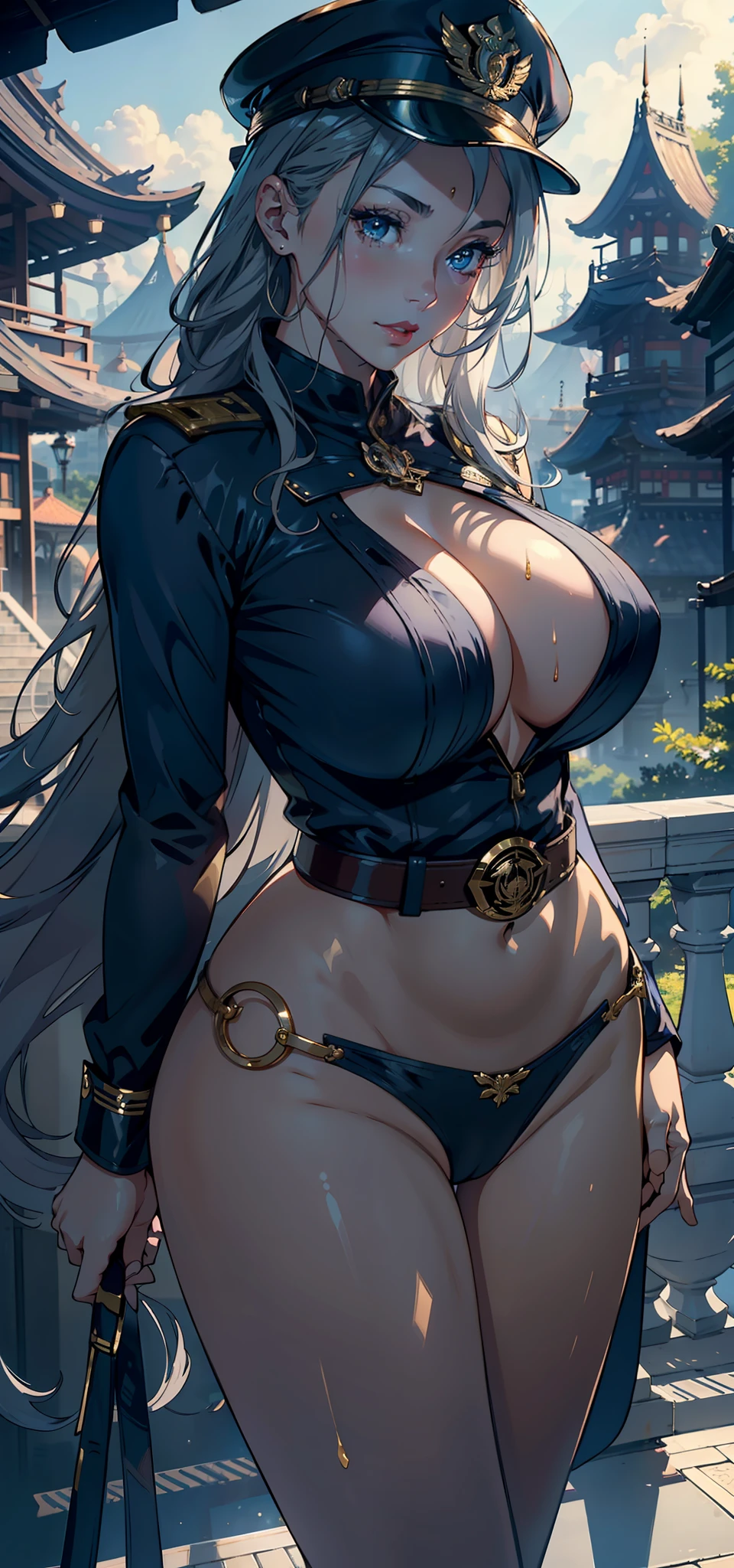 1female,36 years old,熟妇,mature,Bigchest,Big breasts Thin waist,slenderlegs,long leges,Busty and sexy,Pornographic exposure, 独奏,(Background with:bamboo forrest,clubs) She has long silver-gray hair,standing on your feet,Sweat profusely,drenched all over the body,seen from the front, hair straight, mostly cloudy sky,(((tmasterpiece),(Very detailed CG unity 8K wallpaper),best qualtiy,cinmatic lighting,detailed back ground,beatiful detailed eyes,Bright pupils,(Very fine and beautiful),(Beautiful and detailed eye description),Blue eyes,Redlip,ultra - detailed,tmasterpiece,)),facing at camera,A high resolution,ultra - detailed),revealing breasts,Bare genitalia, Bulge,legs are open,sexyposture,Camel toes,Flushed complexion,Smile,frontage,Women (Upper body: 1.2 1 girls, Masterpiece, Top quality, Super detailed big eyes and detailed face), wide waist, Huge breasts, Attractive, audience looking, Curvaceous, Sensual, Full-body, (Late age females), Solo, (curves: 1), Big buttocks, Thighs, (Navy blue officer uniform), (Navy blue tights), Brown leather belt with gold-tone buckle (Gold trim of the costume), (Medallion on the chest), ( Military rank symbol on the arm), (Military hat with gold symbols), (Strike seductive poses on the balcony), Warm lighting, watch audience, (Take a photo), (City council building background)