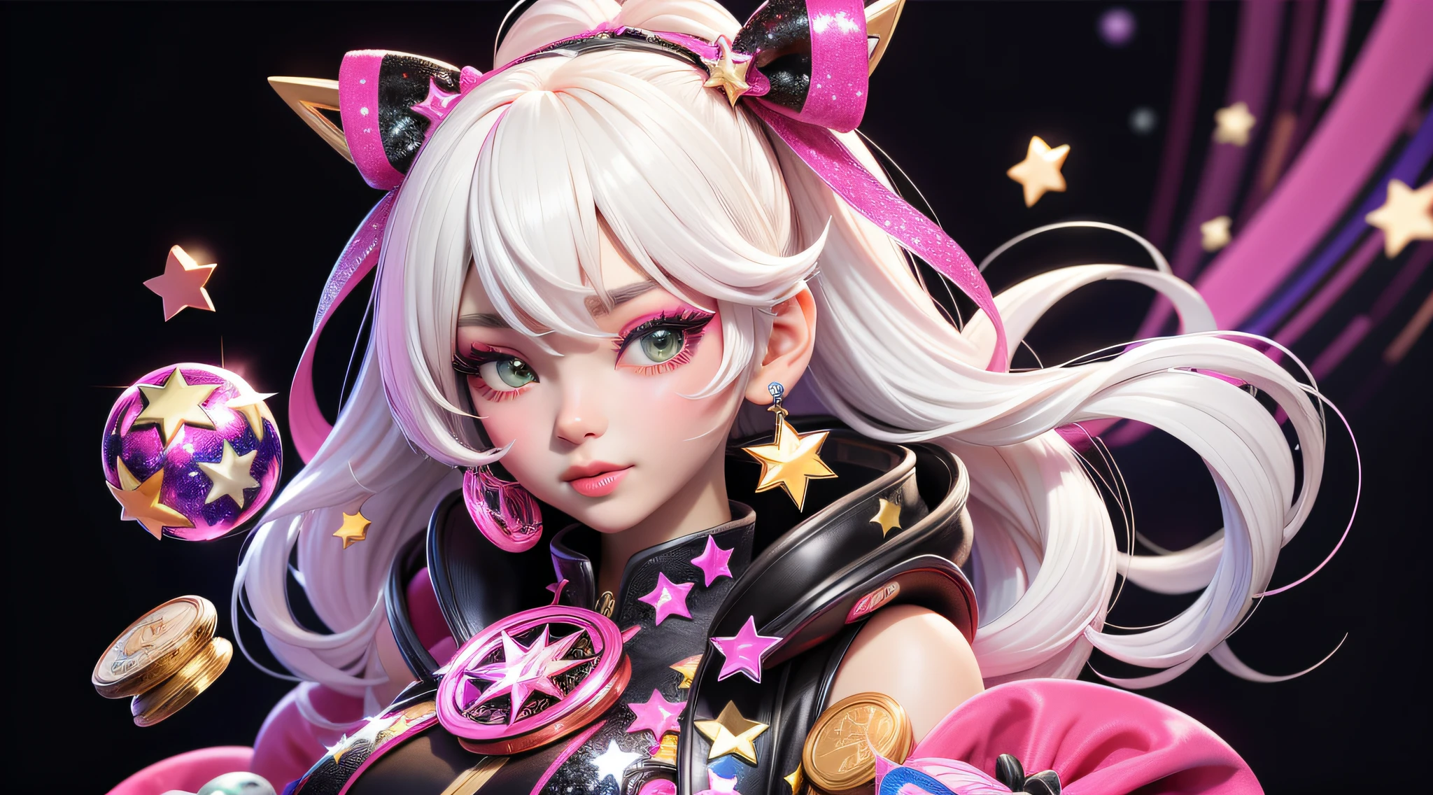 Colorful planet of toys、Colorful Coins、Toy Coins、Fashionable women、Dynamic、Glitter sequins、lame、White and black stars、Large ribbon、cyberpunked、Full of stars、Pink glitter background
