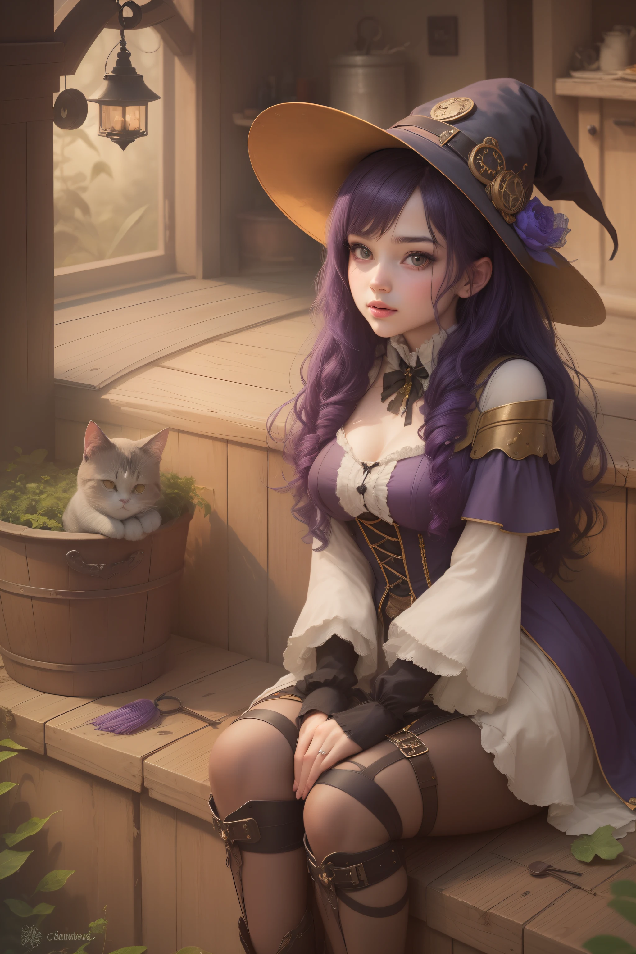 (Steampunk-inspired witch girl:1.3, captivating charm:1.2, broom, long dark purple hair:1.2, adorable cat at her feet ,whole body