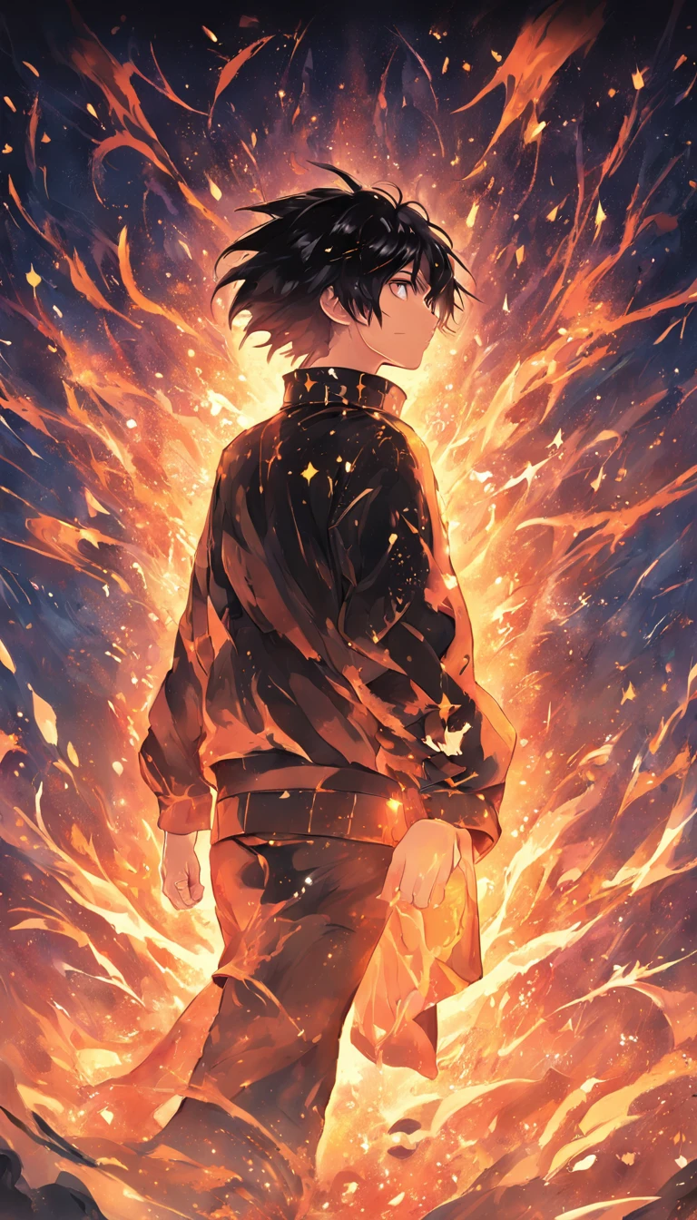 A painting that represents the essence of magic in your world, Black hair is exposed, Sparkling golden-eyed protagonist，There is a mysterious black mark on the neck，Immerse yourself in a series of magical fire energy, Glowing particles dance around him，Mysterious symbols form in the air
