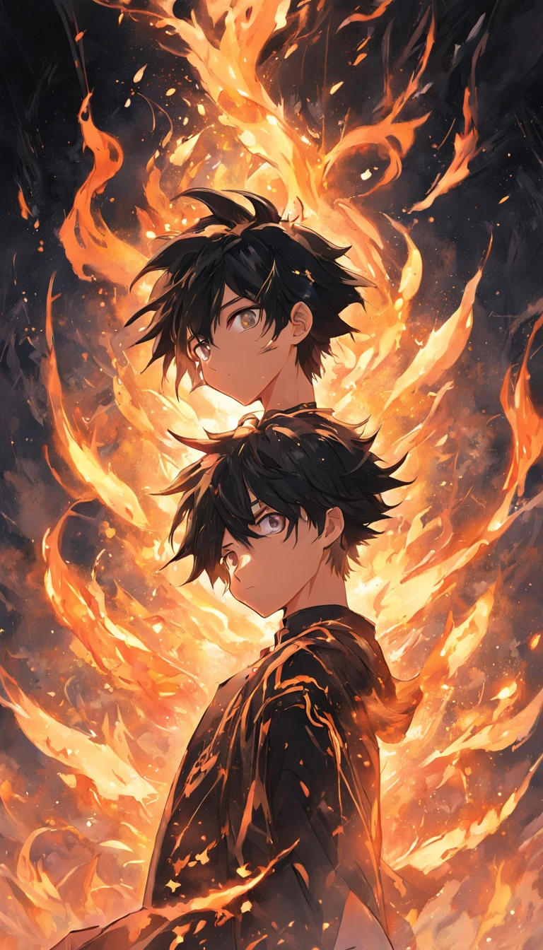 A painting that represents the essence of magic in your world, Black hair is exposed, Sparkling golden-eyed protagonist,There is a mysterious black mark on the neck,Immerse yourself in a series of magical fire energy, Glowing particles dance around him,Mysterious symbols form in the air