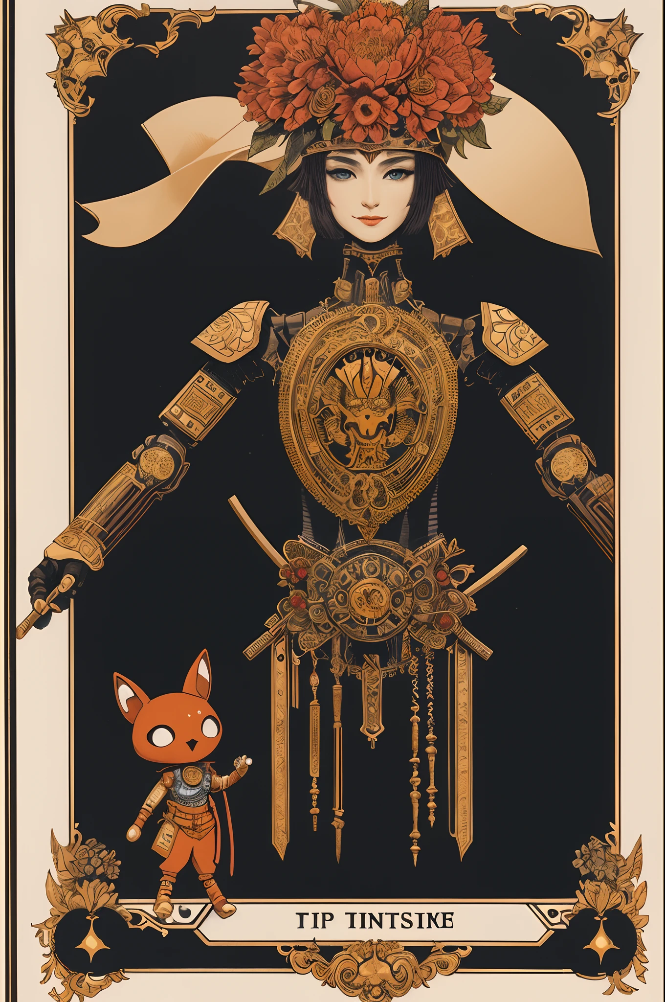 detailed surrealist tarot border of titanic robot samurai with grin and doll and flower crown, cute, symmetry, drawing, nausicaa, dark art, akke + black paper + elements + red + gold + neon + baroque + rococo + white + orange+ ink + tarot card with ornate border frame + marc Simonetti, paul pope, peter mohrbacher, detailed, intricate ink illustration