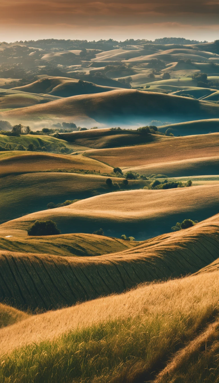 Soft artwork of rolling hills, Wheat, Rural farmland, Blue sky, Rich textures