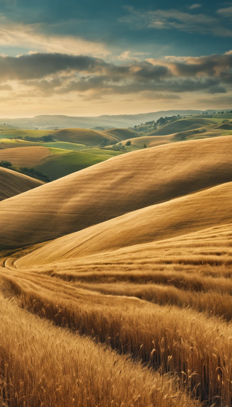Soft artwork of rolling hills, Wheat, Rural farmland, Blue sky, Rich textures