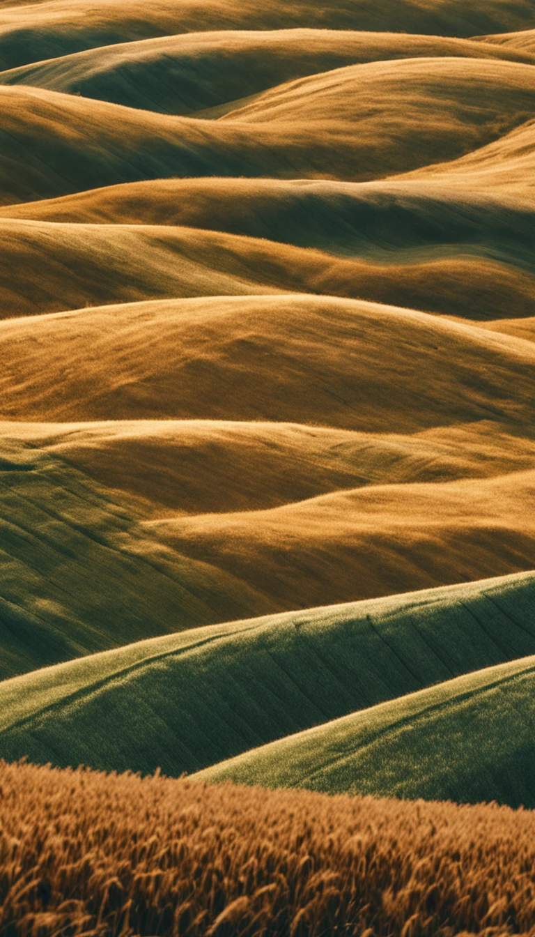 Soft artwork of rolling hills, Wheat, Rural farmland, Blue sky, Rich textures