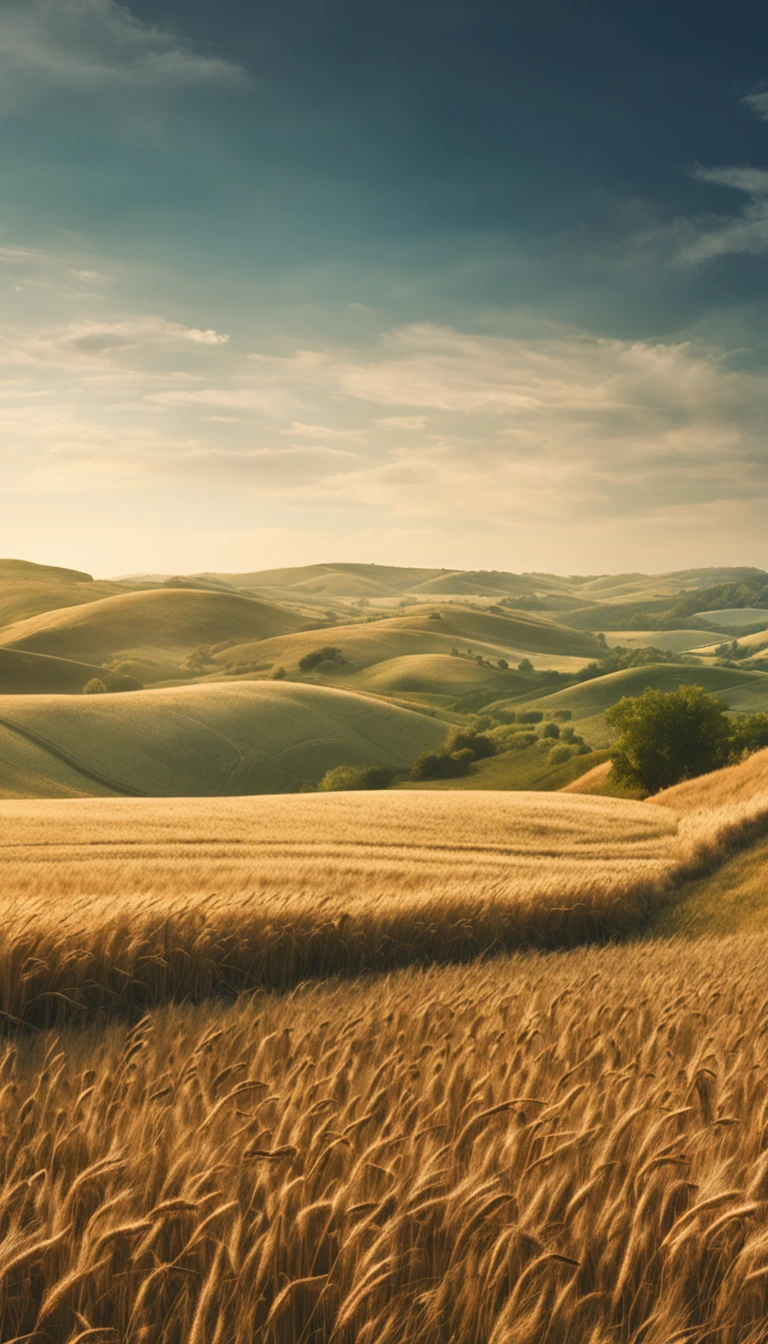 Soft artwork of rolling hills, Wheat, Rural farmland, Blue sky, Rich textures