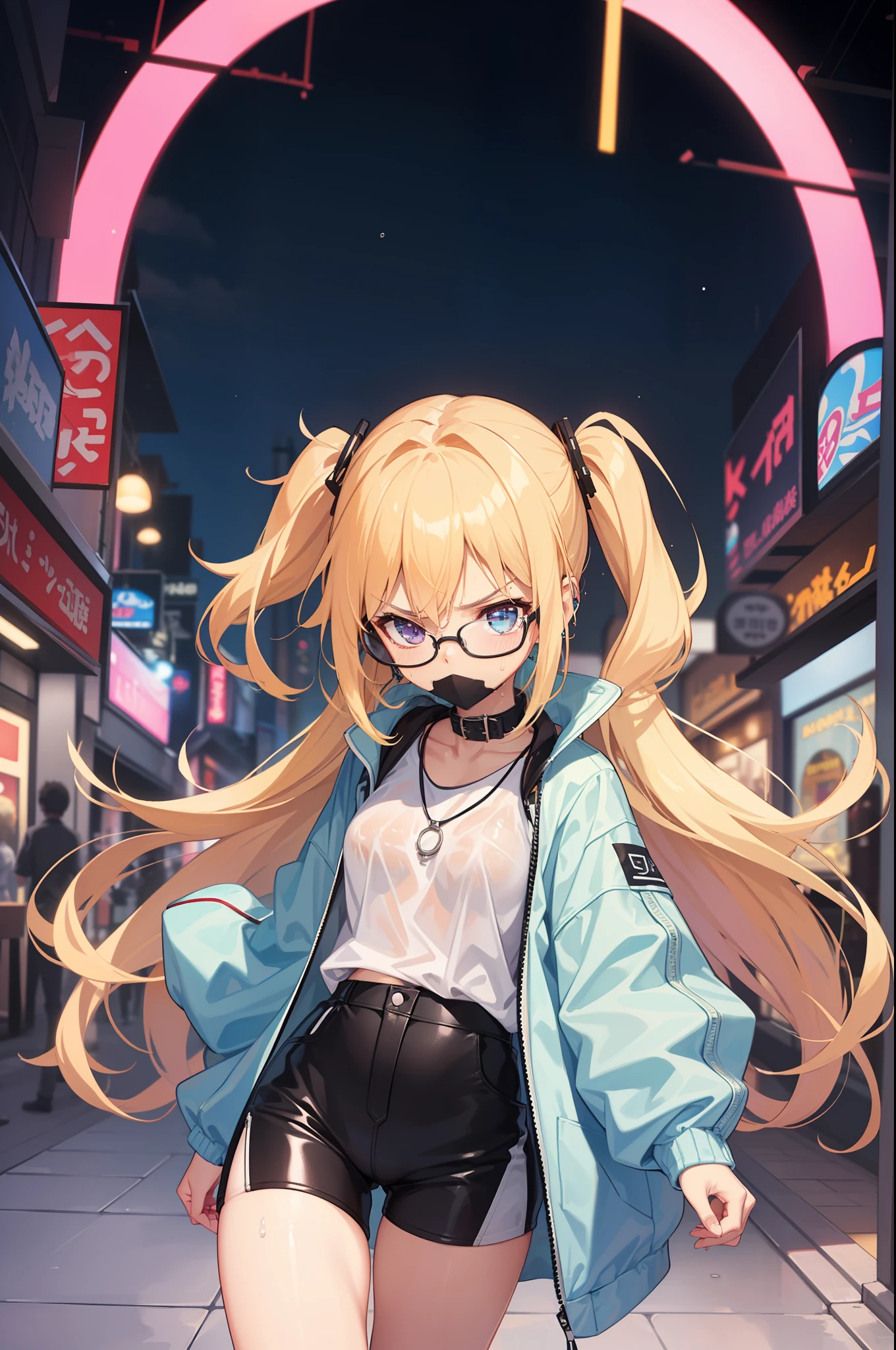 female gamer, ((wet thin white shirt, opened zip fashion wind breaker, hot pants, glasses, earring, necklace, blet, face mask, earphone, cute collar)), (idol charming aura, blur effect, bubble effect, black glowing pupil, arcade style make up, petite, blushing face, angry face, blonde color hair), (masterpieces, extreme body detail, high resolution, original character, best anime 16k wallpaper quality), club bar background, full body shot