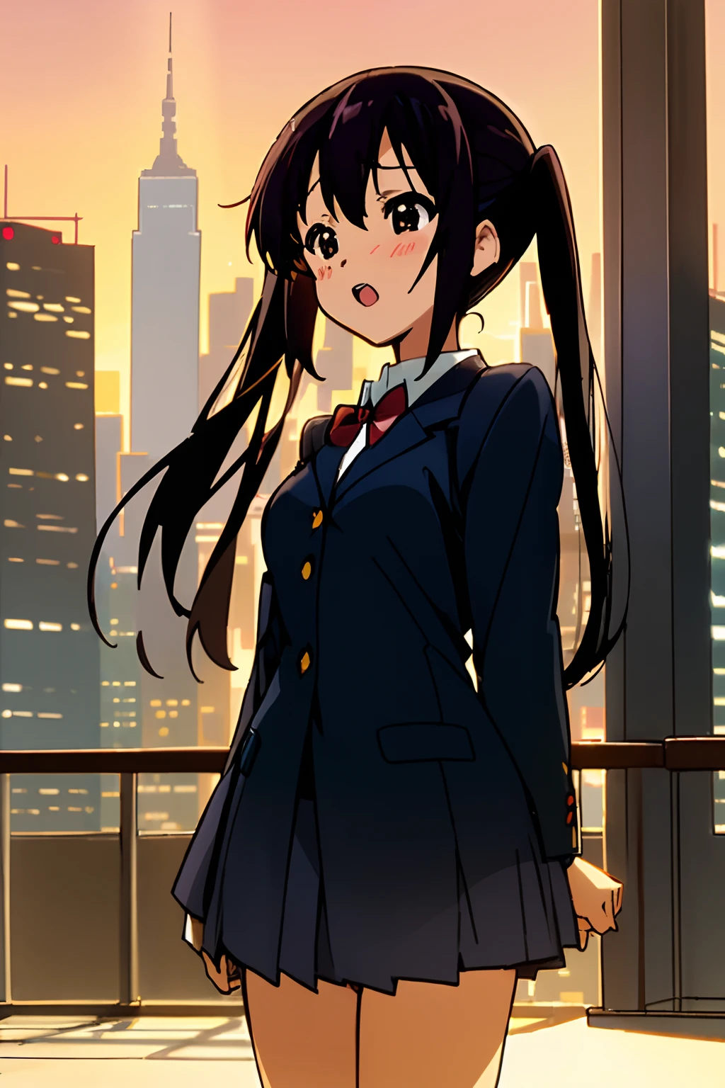 1girl, (((masterpiece))), highest quality, best quality, high detail, nakano azusa, 1girl, sakuragaoka high school uniform, school uniform, twintails, long hair, black hair, brown eyes, solo, red , a navy blue blazer with red narrow ribbon, a solid white buttoned shirt under the blazer, illustration, cartoon, soothing tones, calm colors, soft cinematic light, adobe lightroom, photolab, hdr, intricate, highly detailed, ((((depth of field)))). (((takeout))).dynamic focus.big breasts.(((Skyscrapers))).(((A city scape))).(((Face of sadness))). open mouth.(((up chest))).((evening glow)).((the setting sun)).